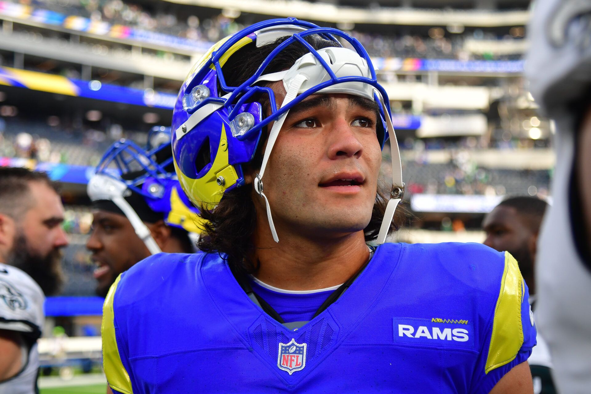 Los Angeles Rams wide receiver Puka Nacua (17) reacts following the game against the Philadelphia Eagles at SoFi Stadium.