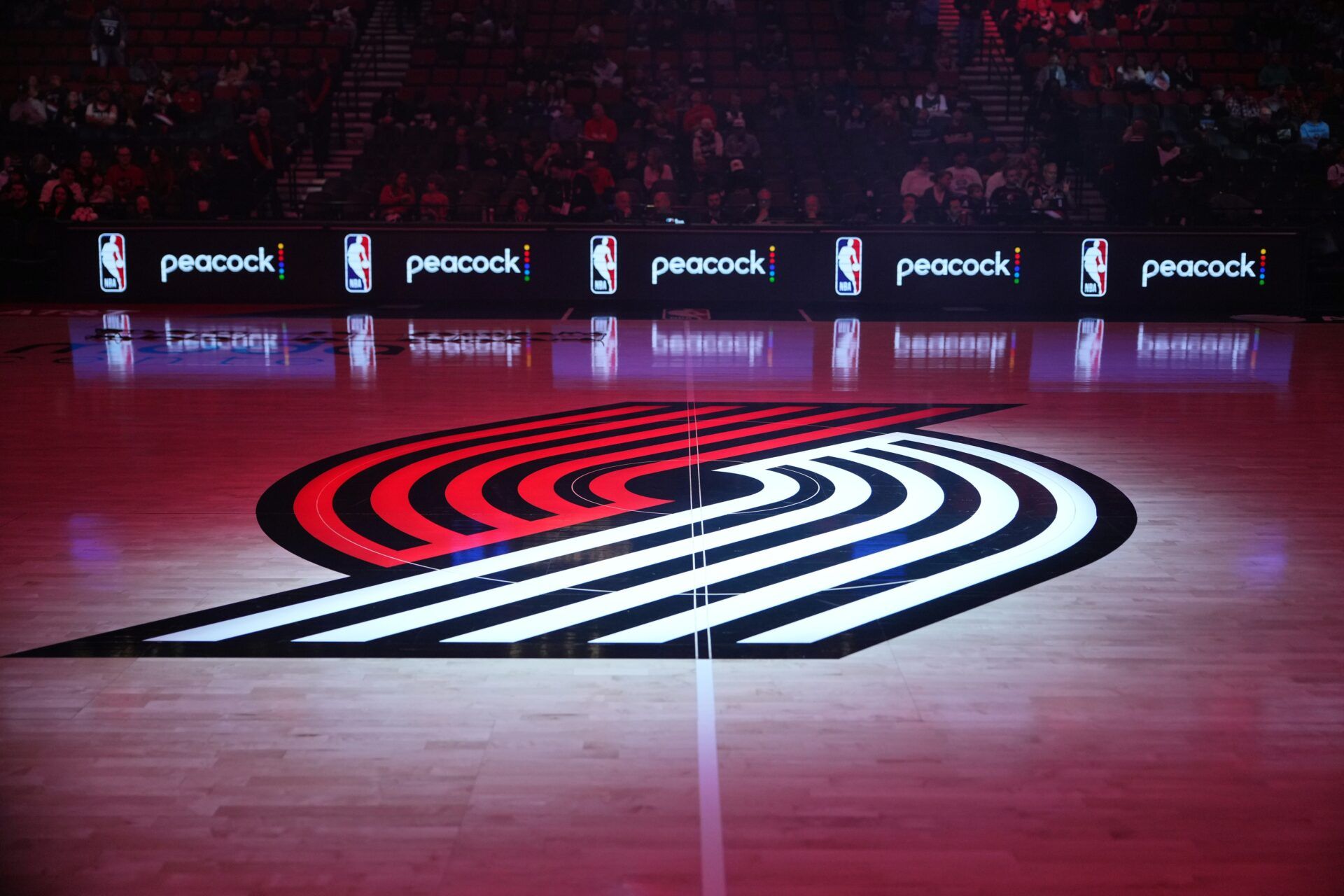 A general view of the Portland Trail Blazers logo at half court before the game against the Minnesota Timberwolves at Moda Center.