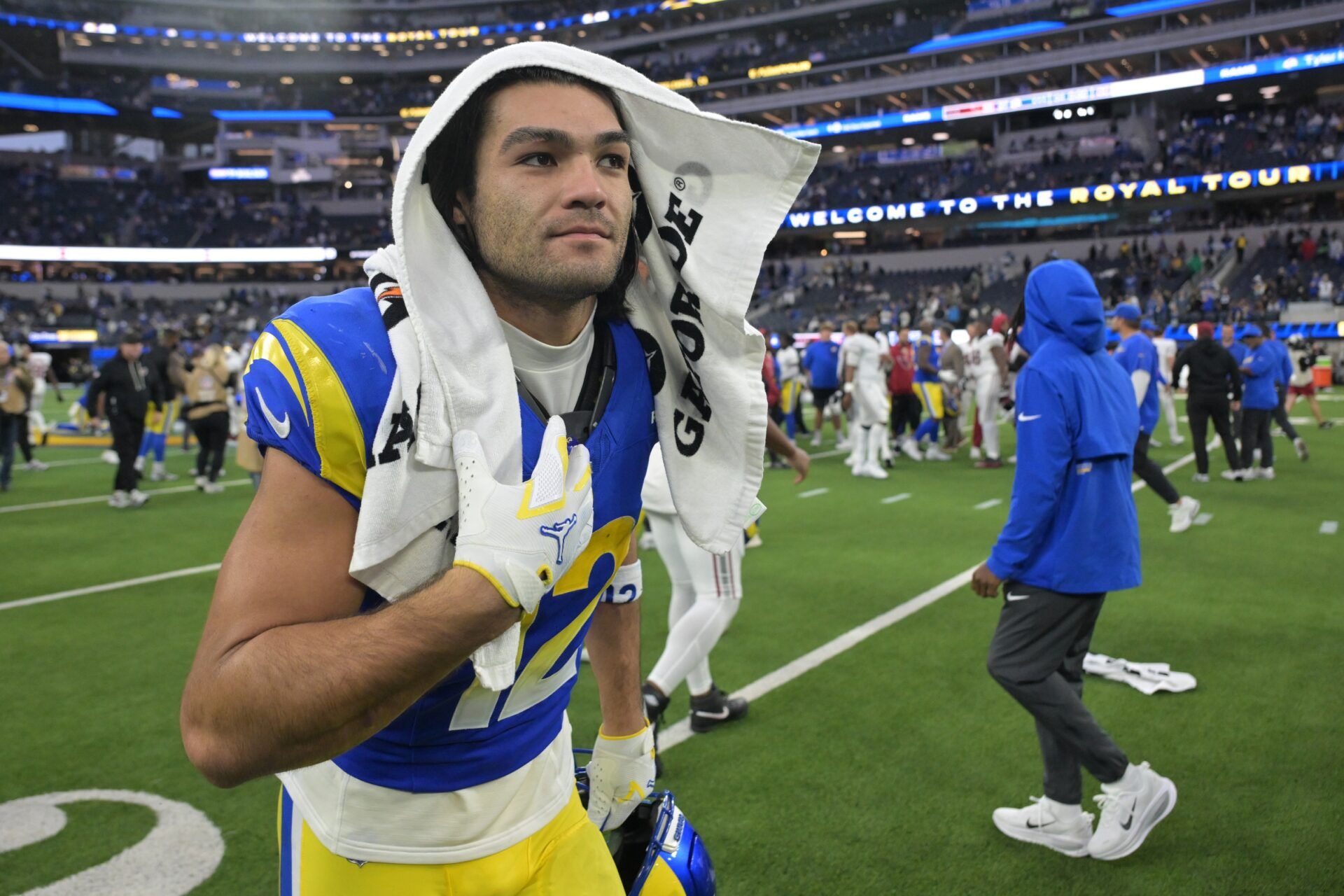Los Angeles Rams wide receiver Puka Nacua (12) leaves the field following a game against the Arizona Cardinals at SoFi Stadium.