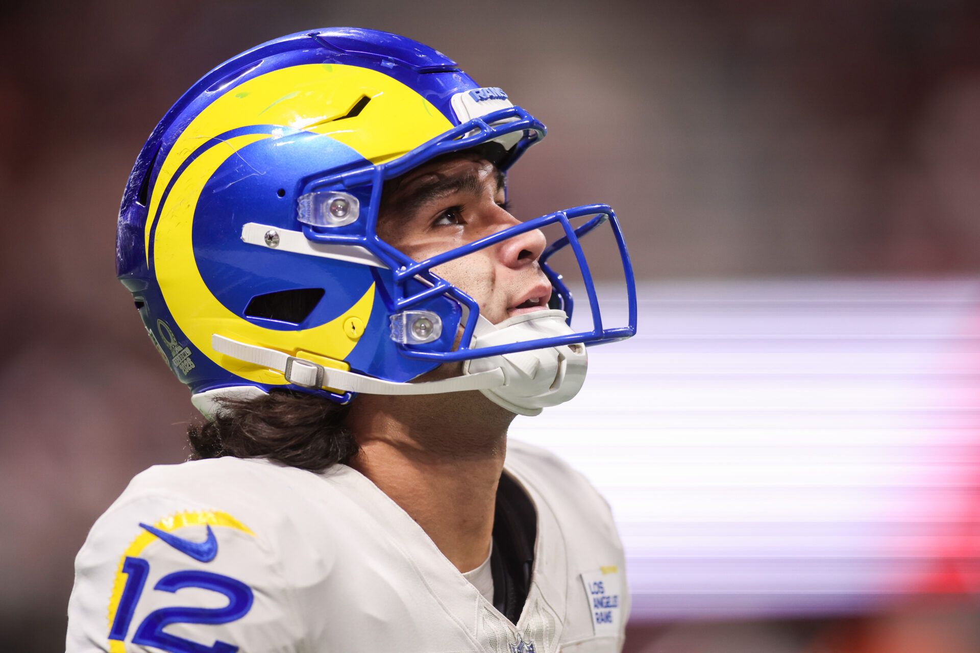 Los Angeles Rams wide receiver Puka Nacua (12) reacts after a play against the Atlanta Falcons in the fourth quarter at Mercedes-Benz Stadium.