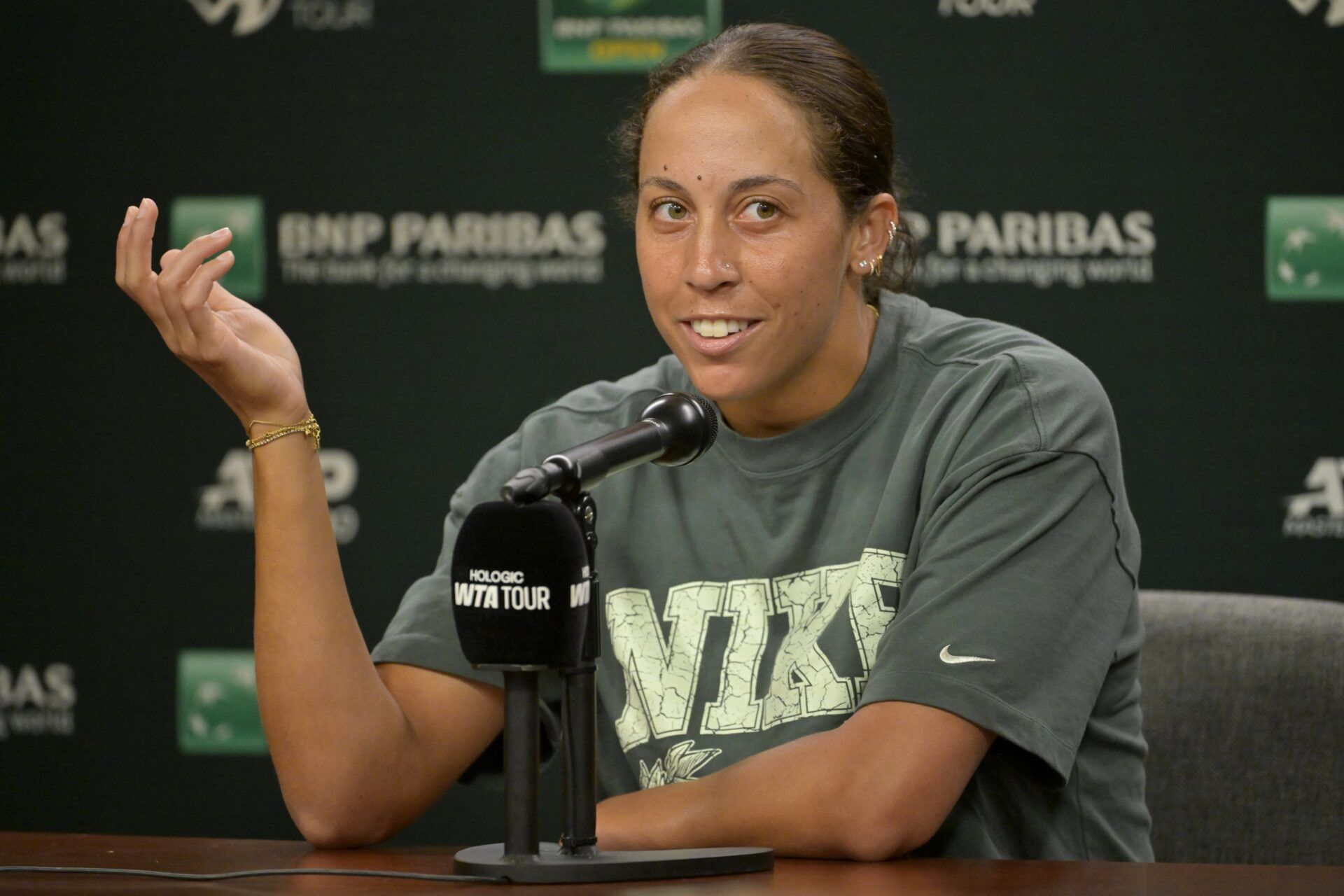 Madison Keys (USA) talks to media during a news conference during the BNP Paribas Open at the Indian Well Tennis Garden.