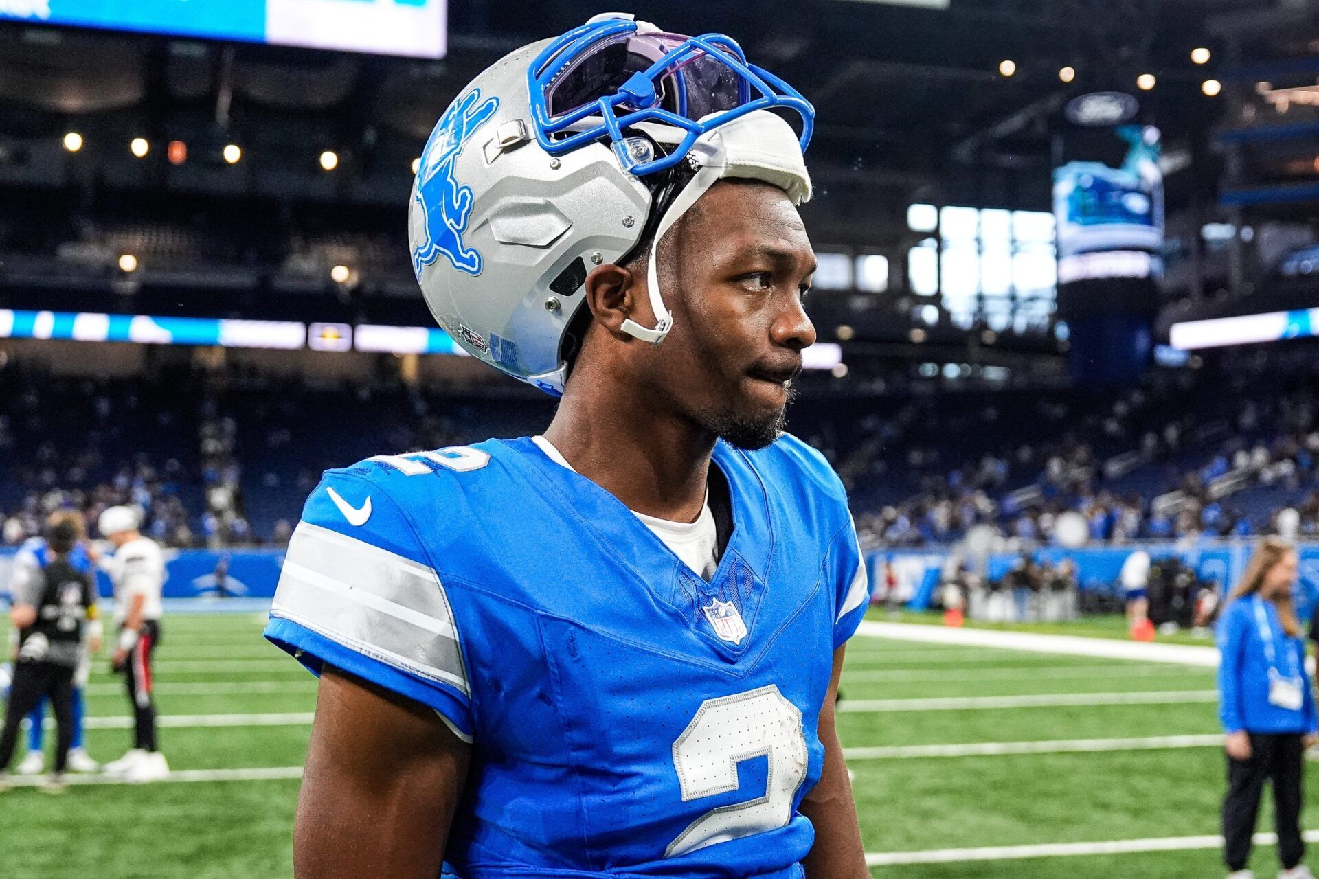 Detroit Lions quarterback Hendon Hooker (2) walks off the field after the 26-7 loss in the preseason game at Ford Field in Detroit on Saturday, August 23, 2025.