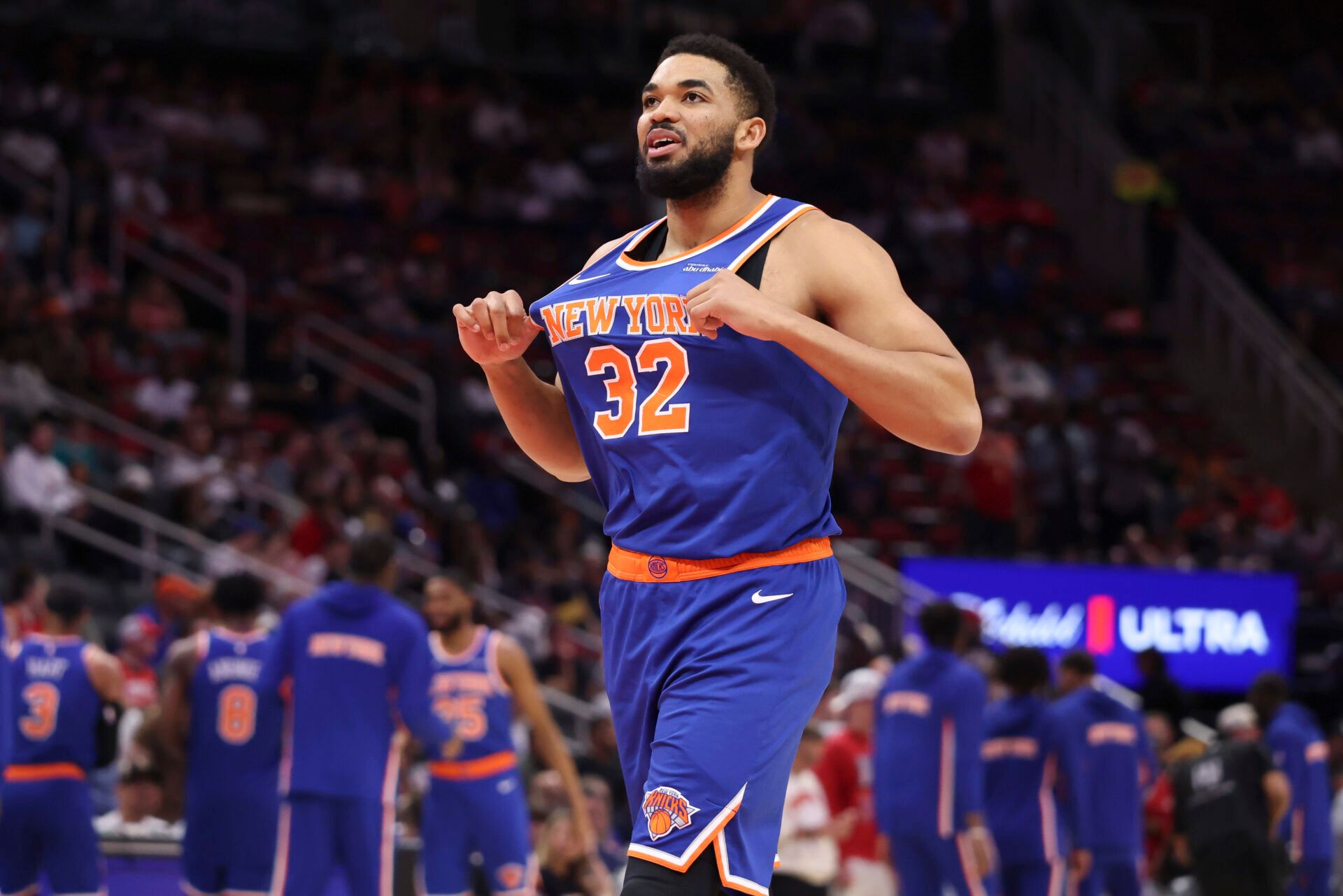 New York Knicks center/forward Karl-Anthony Towns (32) walks on the court before the game against the Houston Rockets at Toyota Center.
