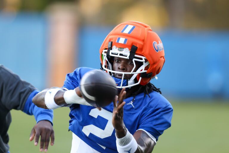 Florida wide receiver Eric Singleton Jr. (2) works on drills during UF spring practice at Sanders Practice Fields in Gainesville, FL on Tuesday, March 10, 2026. [Alan Youngblood/Gainesville Sun]
