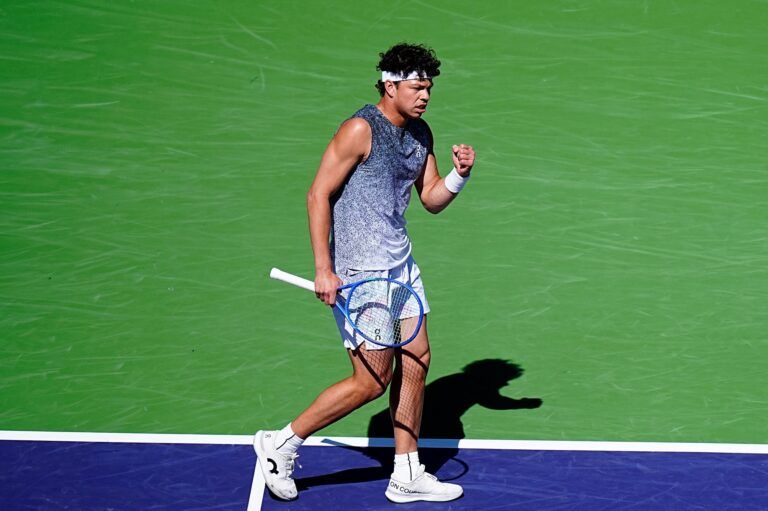 Ben Shelton celebrates a point during a BNP Paribas Open third-round match against Learner Tien at the Indian Wells Tennis Garden in Indian Wells, Calif., on March 8, 2026.