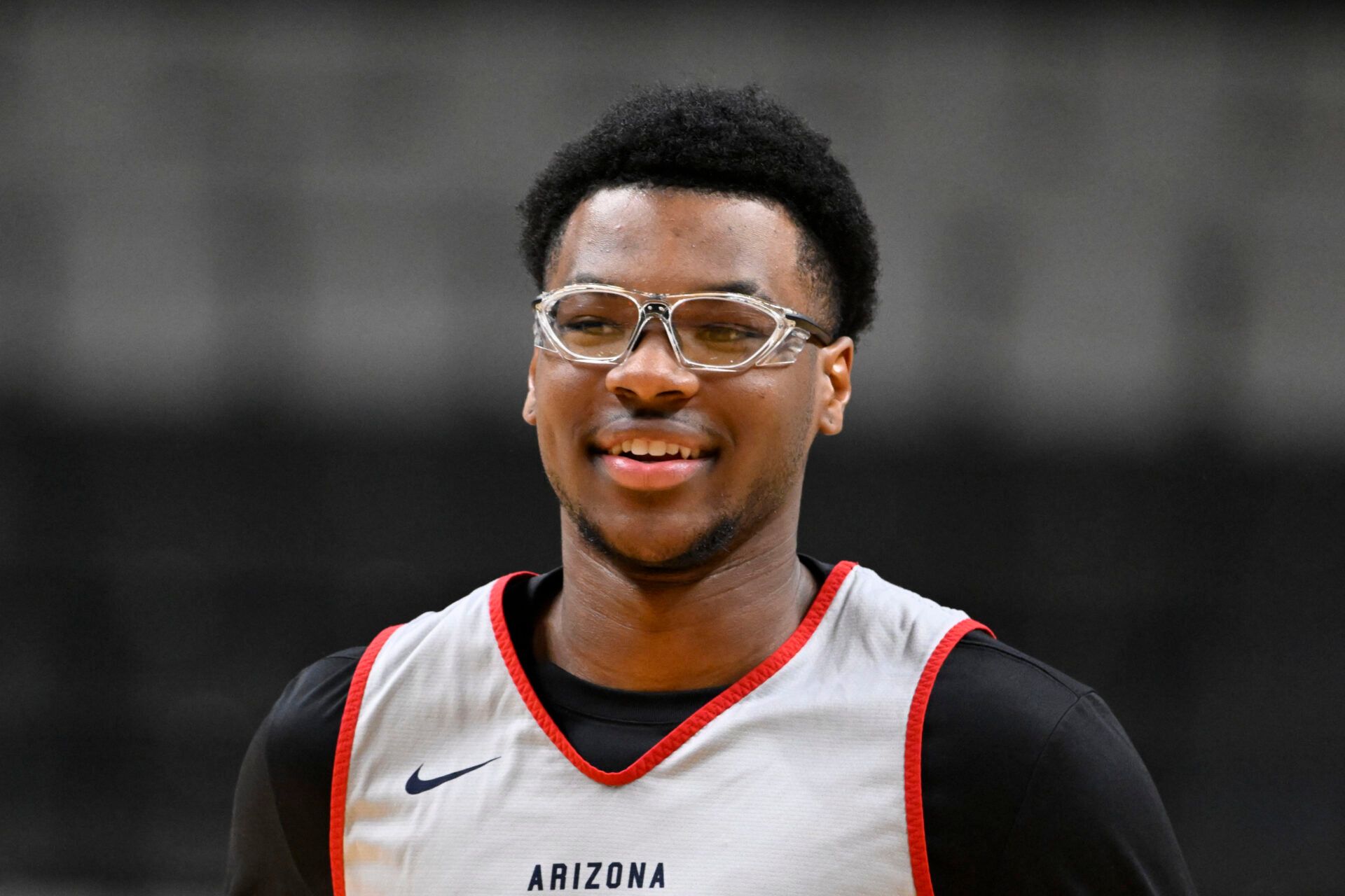 Arizona Wildcats guard Bryce James (6) smiles during a practice session ahead of the west regional of the men's 2026 NCAA Tournament at SAP Center.