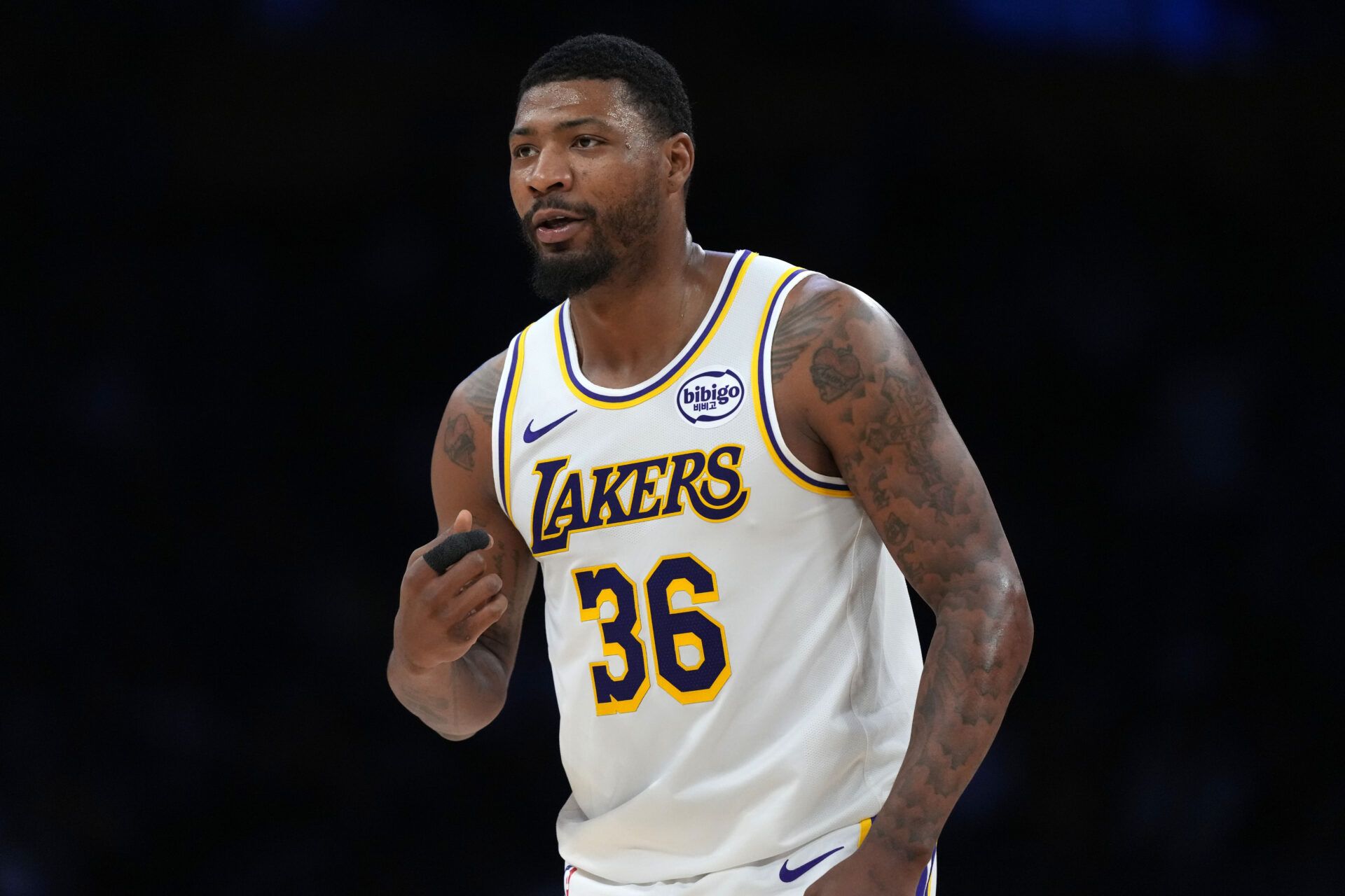 Los Angeles Lakers guard Marcus Smart (36) reacts against the New York Knicks at Crypto.com Arena.