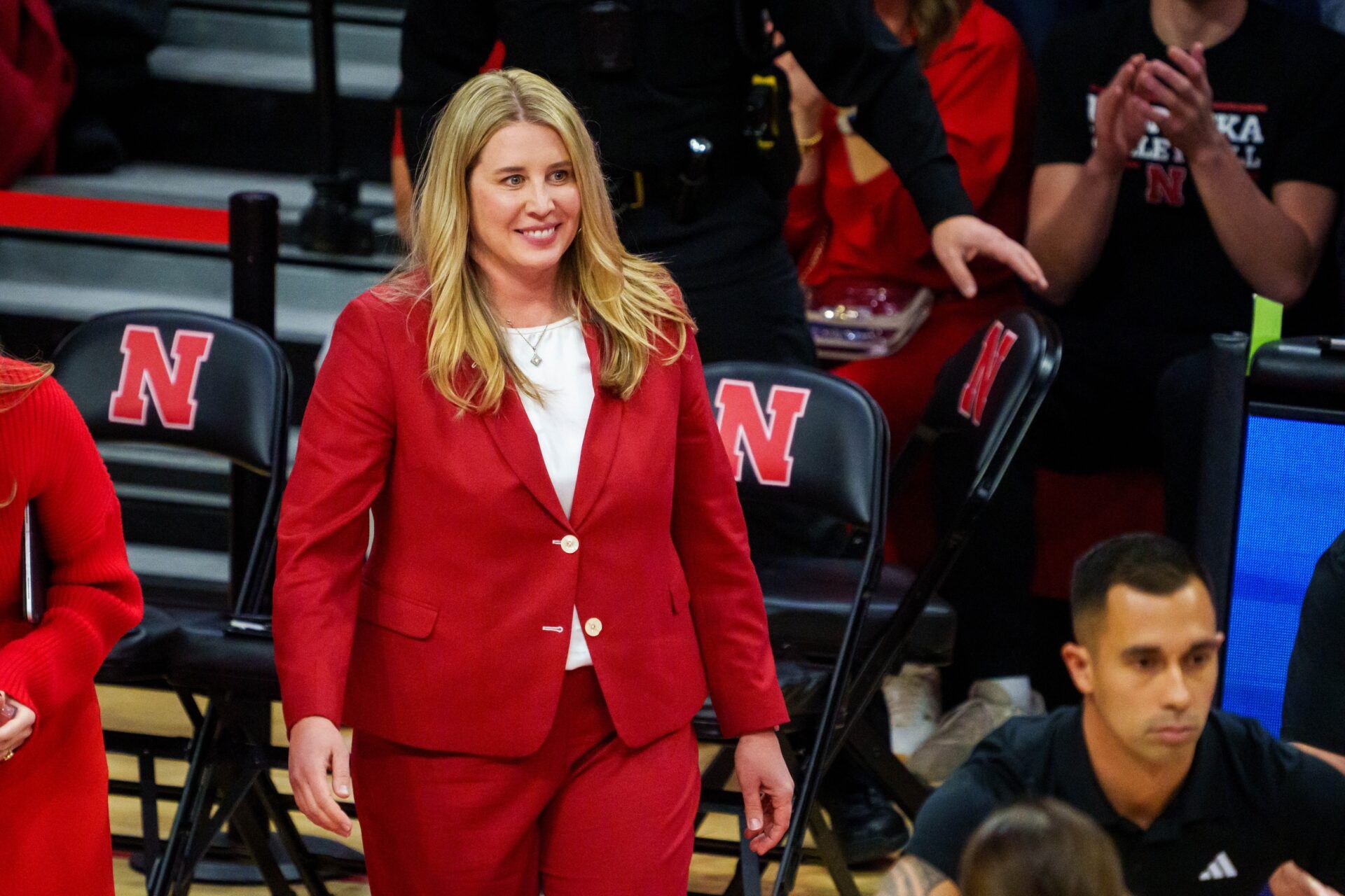 Nebraska Cornhuskers head coach Dani Busboom Kelly reacts during the first set against the Texas A&M Aggies at Bob Devaney Sports Center.