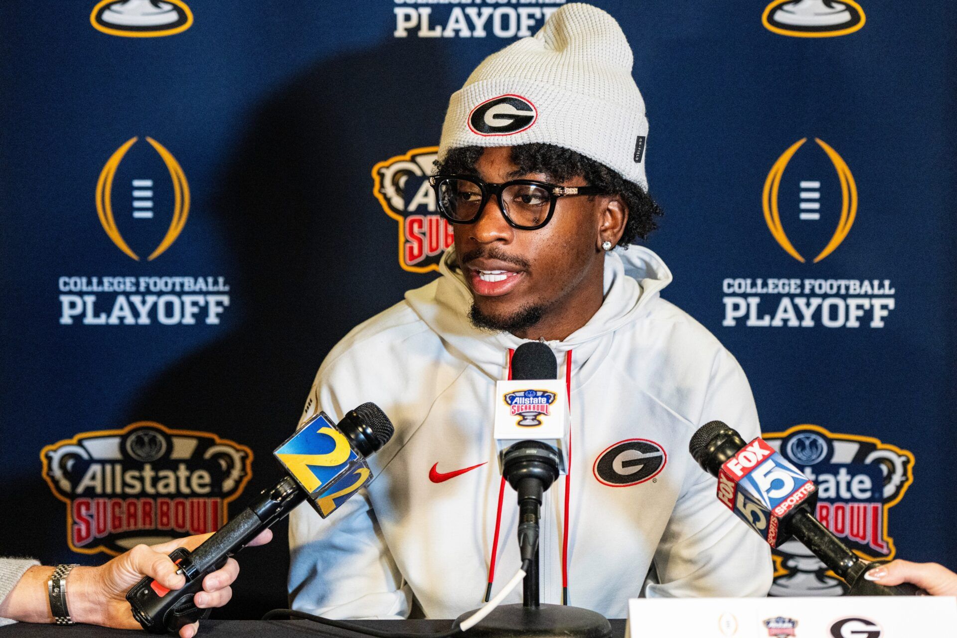 Georgia wide receiver Zachariah Branch (1) takes questions from the press during the Sugar Bowl and College Football Playoff quarterfinals Media Day at Sheraton New Orleans Hotel in New Orleans, La., on Tuesday, Dec. 30, 2025. Players and coaches from Ole Miss and Georgia took questions from the press.