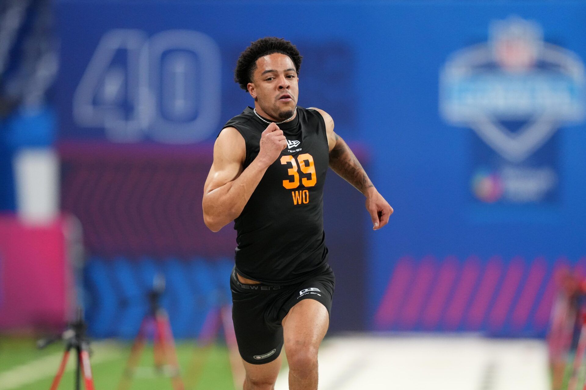 Mississippi State wideout Brenen Thompson (WO39) runs in the 40-yard dash during the NFL Scouting Combine at Lucas Oil Stadium.