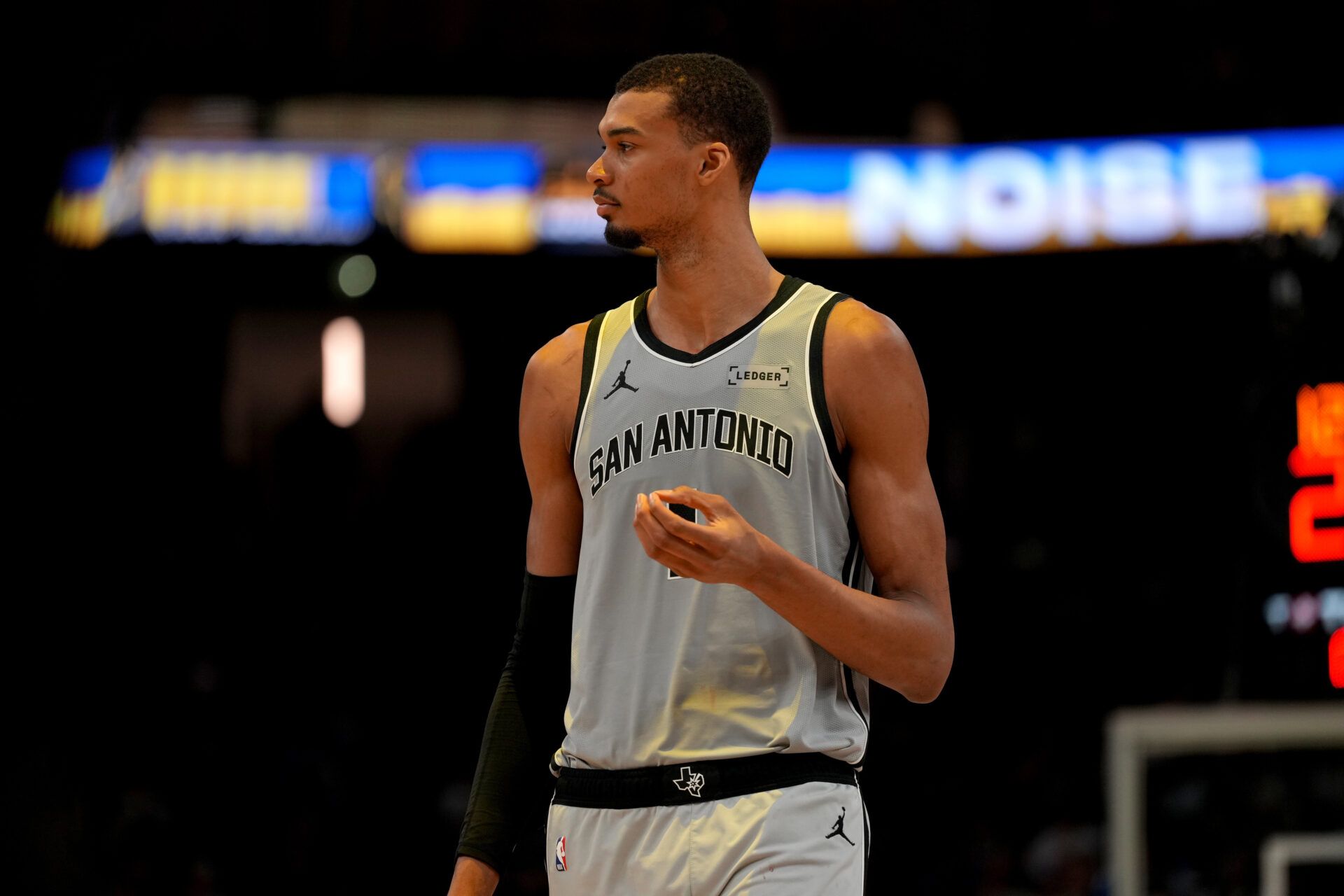 San Antonio Spurs center Victor Wembanyama (1) stands on the court during a timeout against the Golden State Warriors in the fourth quarter at the Chase Center.
