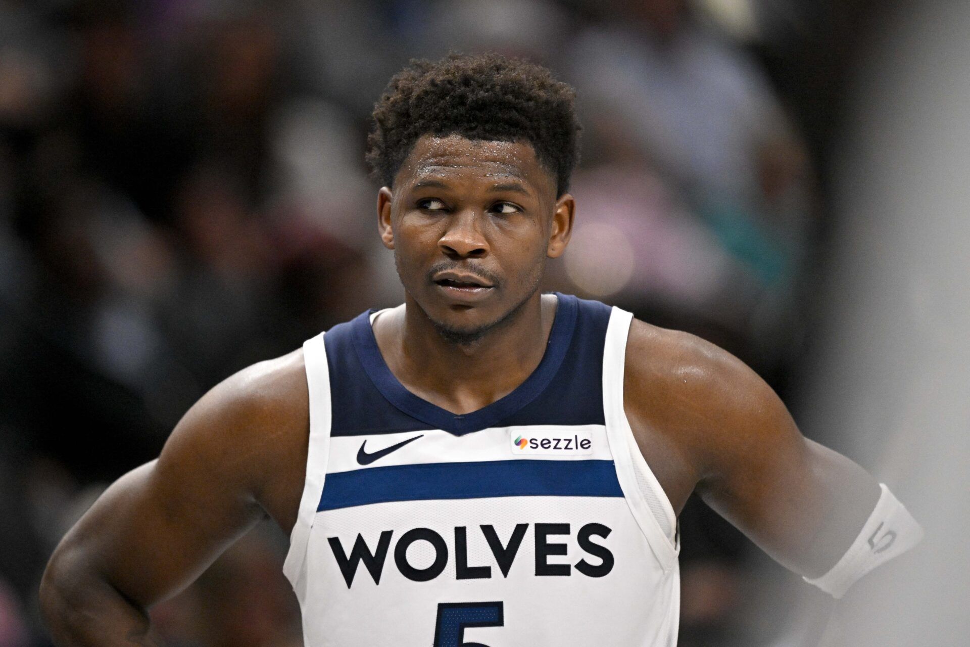 Minnesota Timberwolves guard Anthony Edwards (5) looks on during the second half against the Dallas Mavericks at the American Airlines Center.
