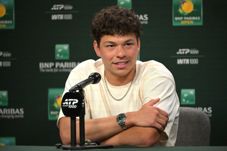 Ben Shelton (USA) speaks to the media at a news conference during the BNP Paribas Open at the Indian Wells Tennis Garden.