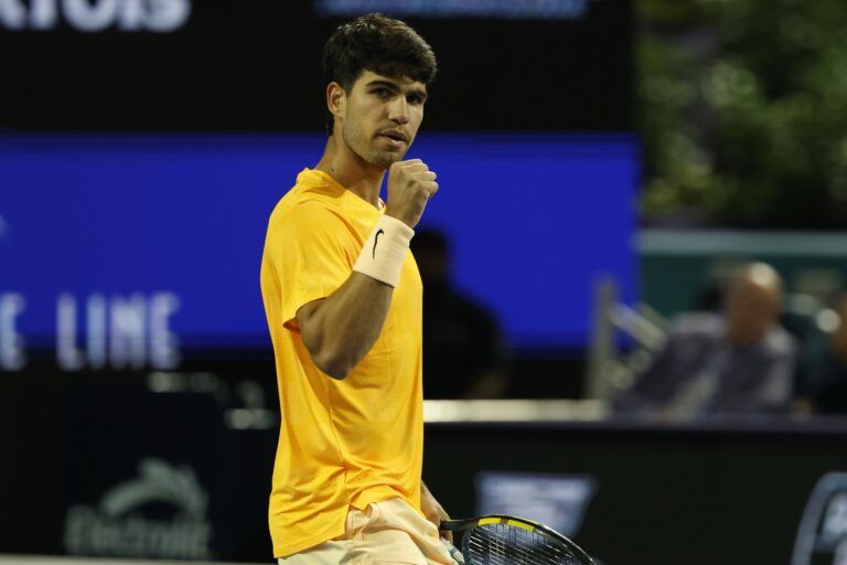 Carlos Alcaraz (ESP) reacts after winning a point against Joo Fonseca (BRA) (not pictured) on day four of the 2026 Miami Open at Hard Rock Stadium.