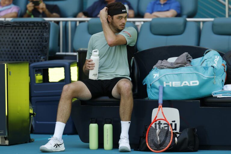 Taylor Fritz (USA) sits in his player's chair during a changeover against Reilly Opelka (USA) (not pictured) on day six of the 2026 Miami Open at Hard Rock Stadium.