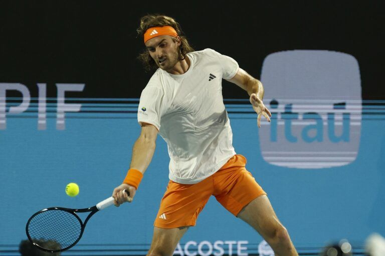 Stefanos Tsitsipas (GRE) hits a forehand against Arthur Fils (FRA) (not pictured) on day six of the 2026 Miami Open at Hard Rock Stadium.