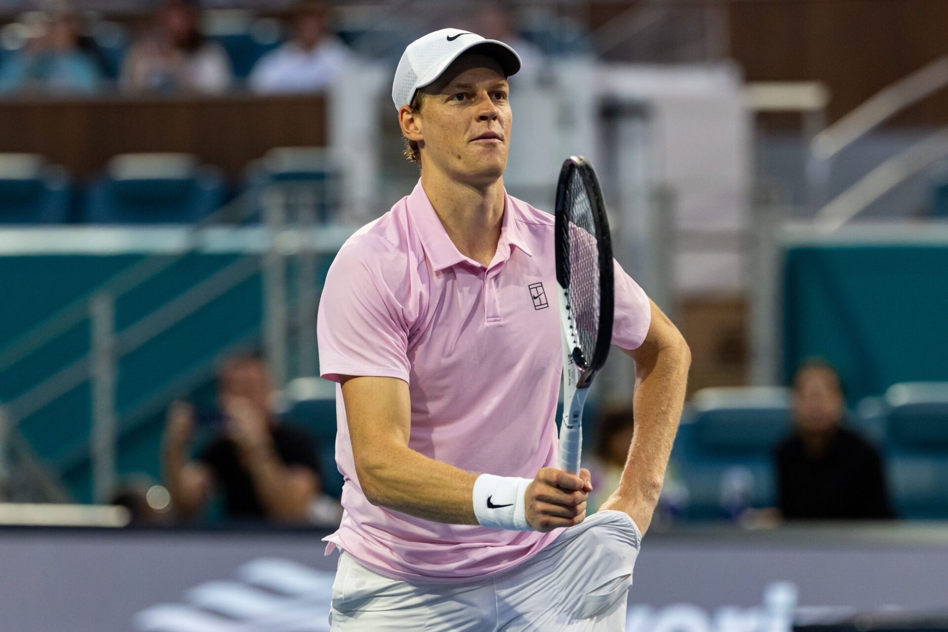 Jannik Sinner of Italy celebrates his victory over Jiri Lehecka of the Czech Republic in the final of the men’s singles at the Miami Open at the Hard Rock Stadium.
