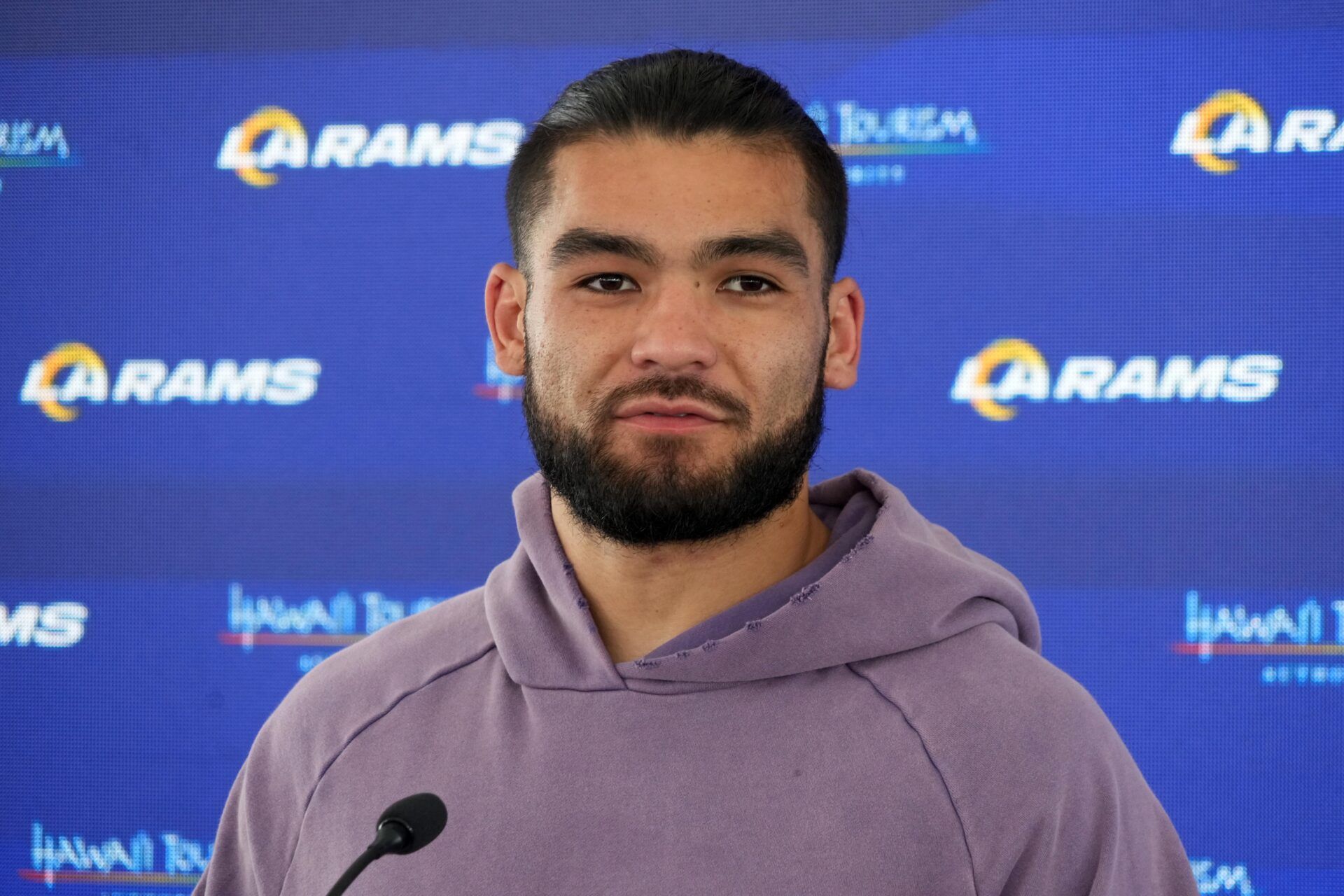 Los Angeles Rams receiver Puka Nacua at press conference during organized team activities at Rams Practice Facility.