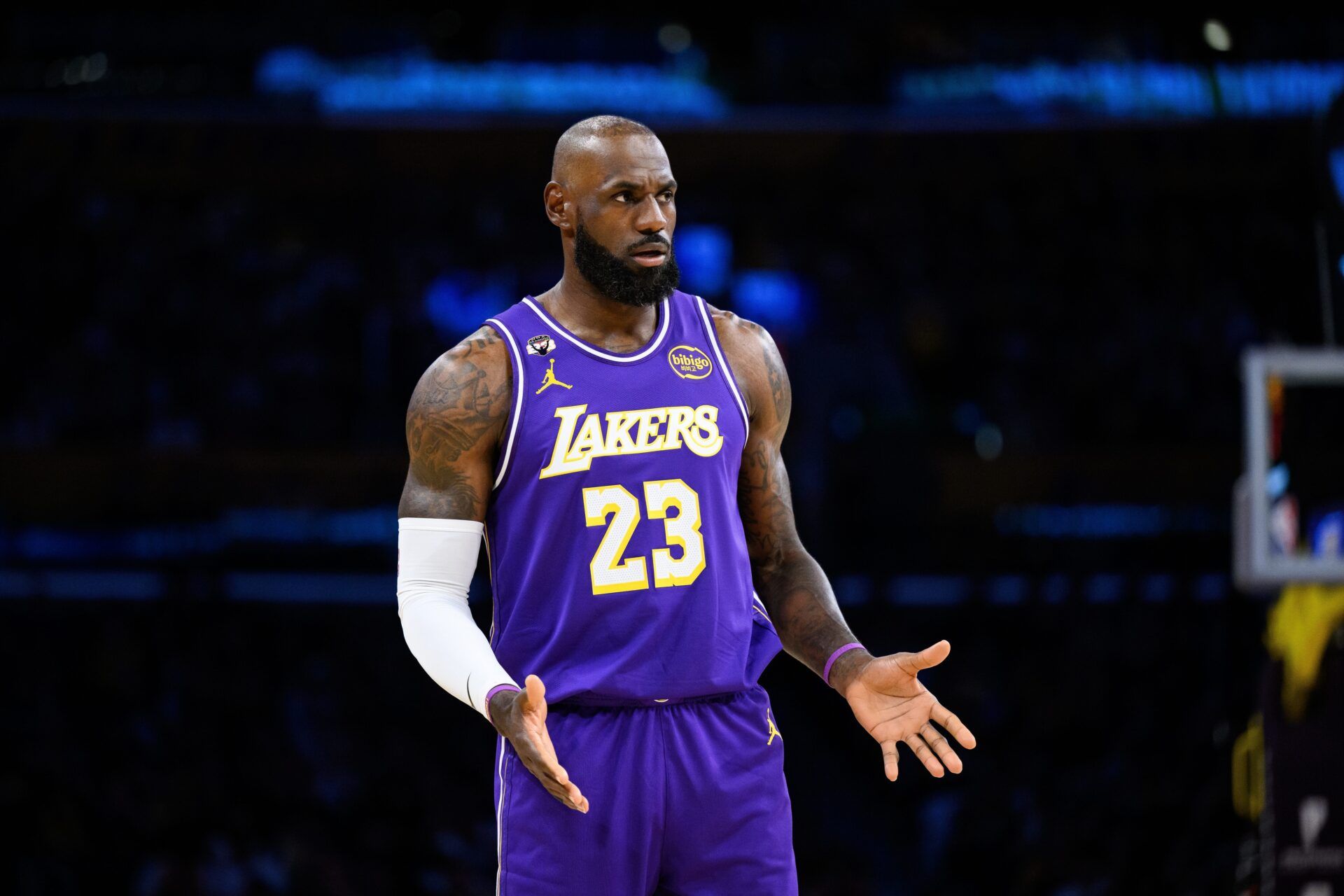 Los Angeles Lakers forward LeBron James (23) reacts during the first half against the Brooklyn Nets at Crypto.com Arena.