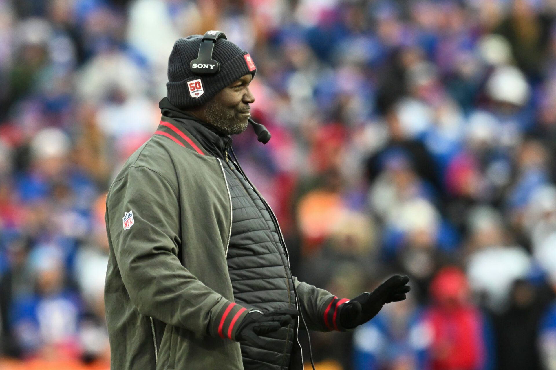 Tampa Bay Buccaneers head coach Todd Bowles reacts during the fourth quarter against the Buffalo Bills at Highmark Stadium.