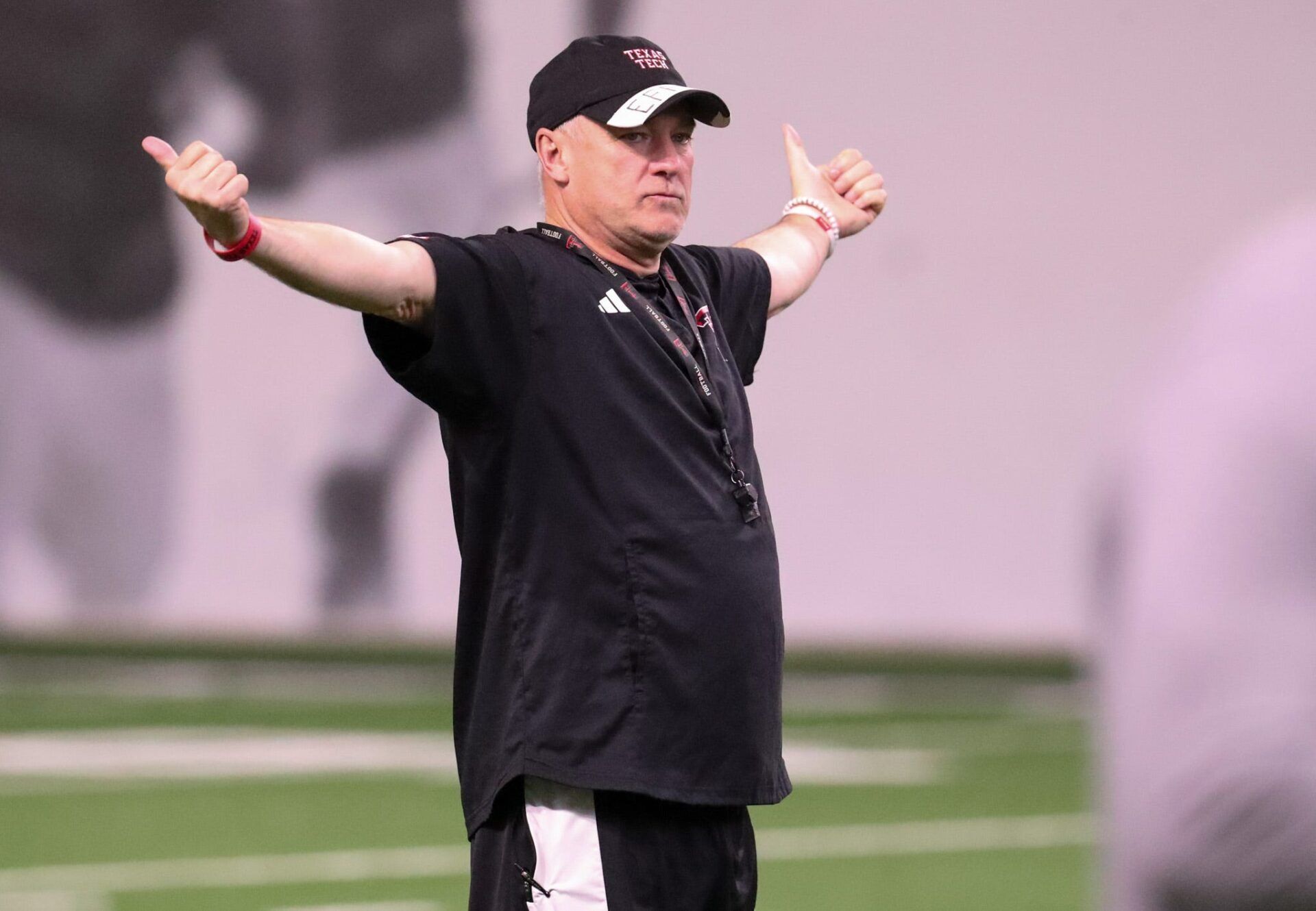 Texas Tech head coach Joey McGuire looks on during spring football practice, Thursday, March 26, 2026, at the Womble Football Center.