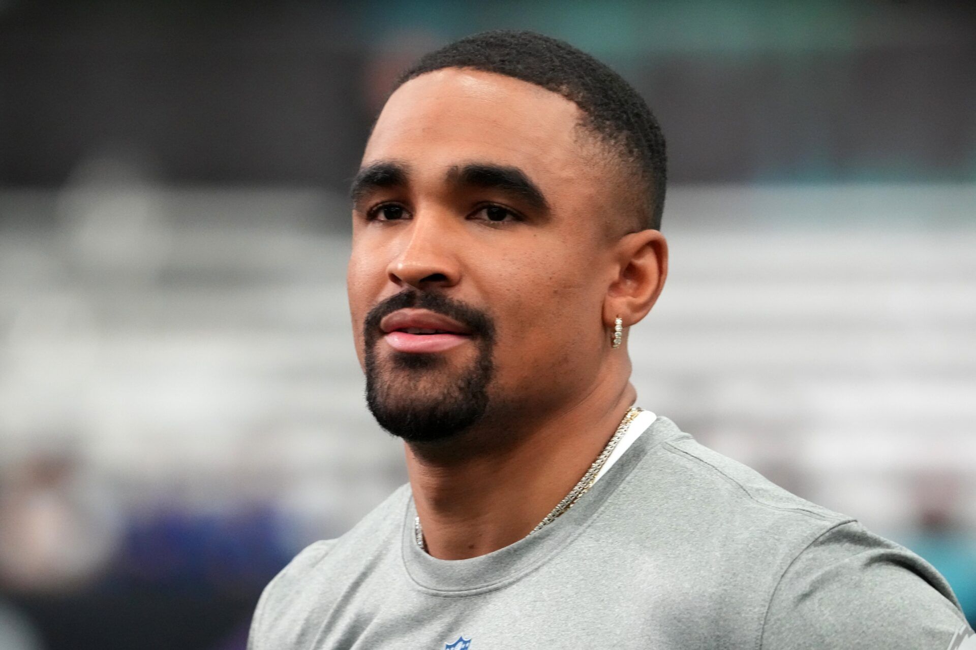 Philadelphia Eagles quarterrback Jalen Hurts (1) during NFC practice at the NFL Flag Fieldhouse at Moscone Center South Building.