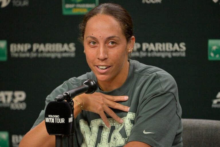 Madison Keys (USA) talks to media during a news conference during the BNP Paribas Open at the Indian Well Tennis Garden.
