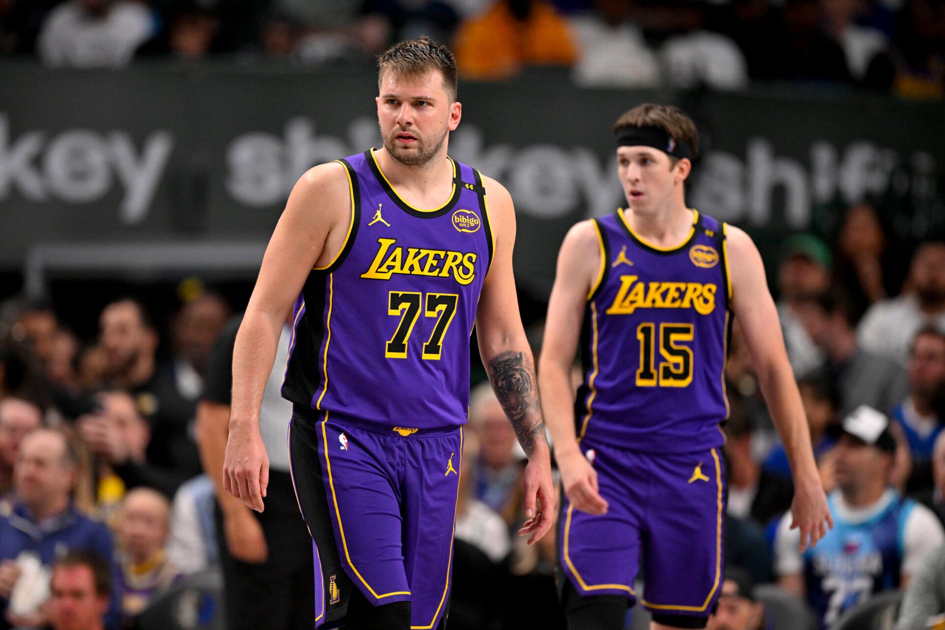 Los Angeles Lakers guard Luka Doncic (77) and guard Austin Reaves (15) during the game between the Dallas Mavericks and the Los Angeles Lakers at American Airlines Center.