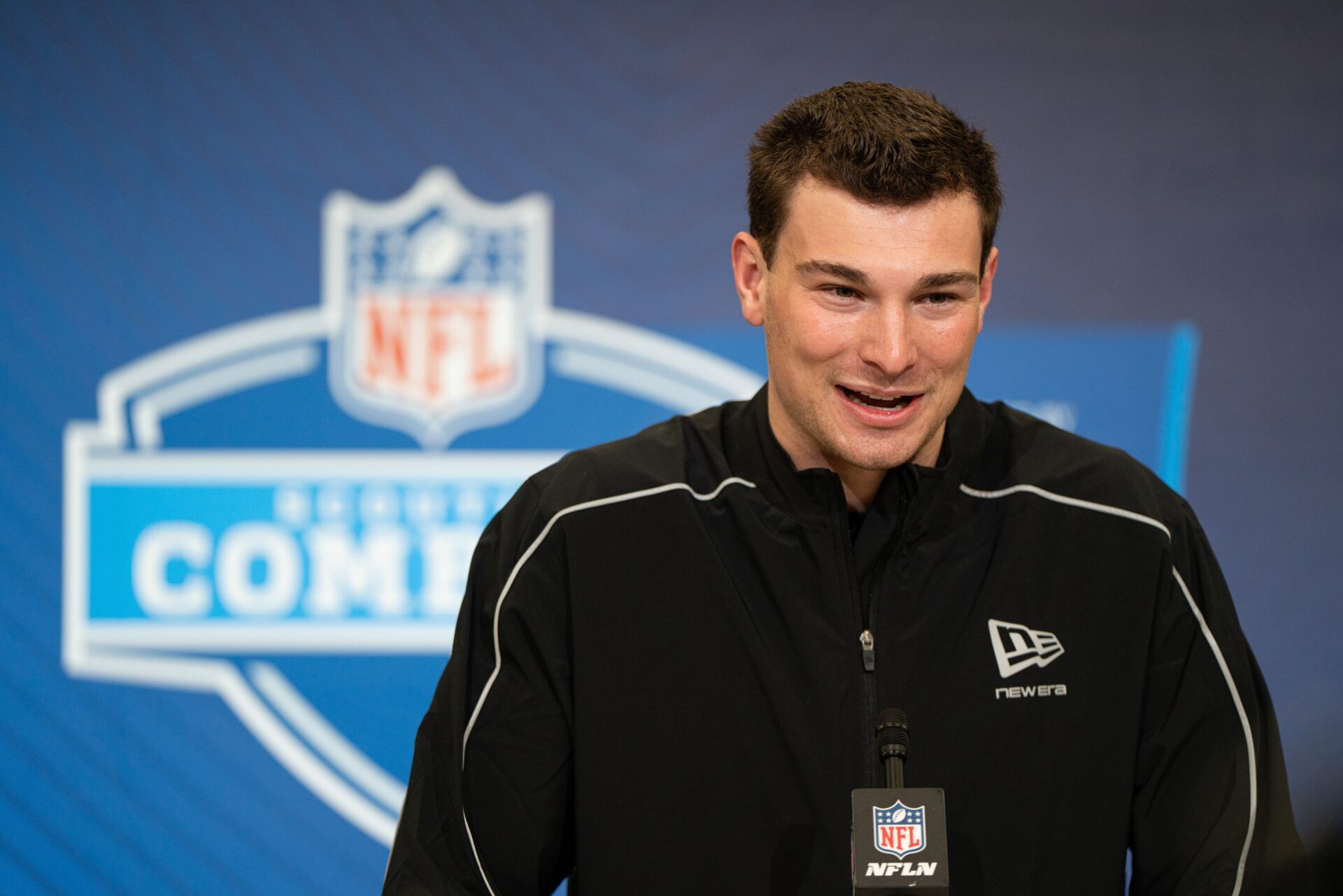 Indiana quarterback Fernando Mendoza (QB11) speaks to members of the media during the NFL Combine at the Indiana Convention Center.