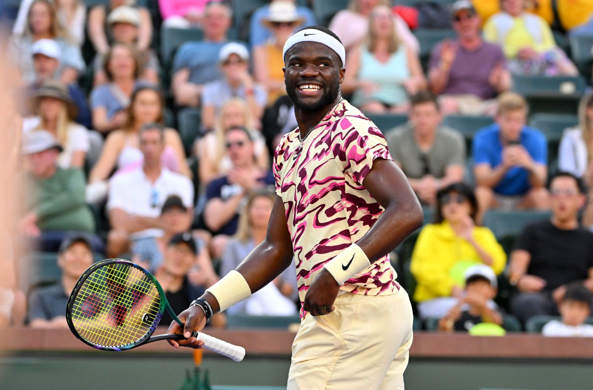 Frances Tiafoe (USA) smiles after winning the first set of his fourth round match as he defeated Jason Kubler (AUS) in the BNP Paribas Open at the Indian Wells Tennis Garden.