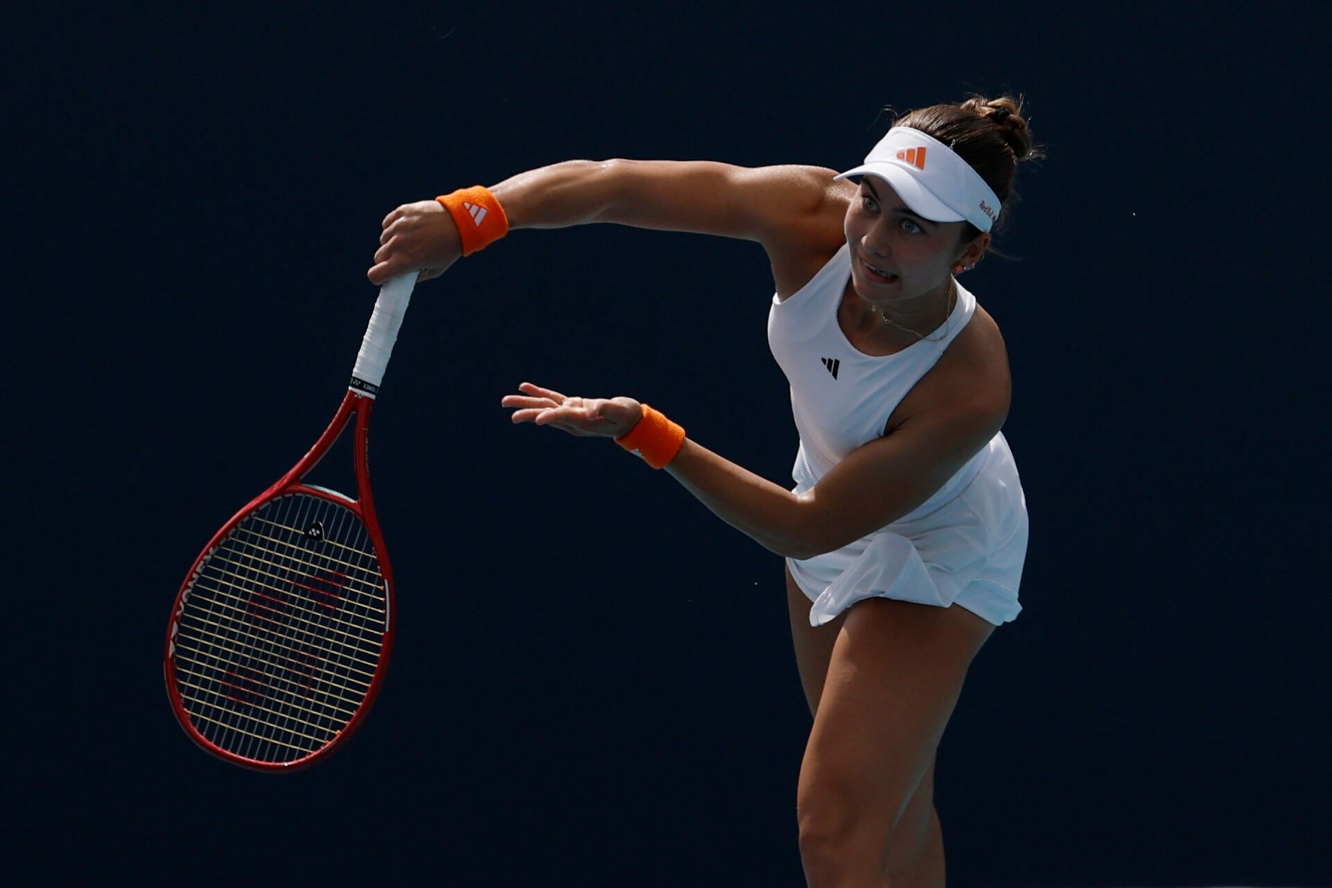 Iva Jovic (USA) serves against Paula Badosa (ESP)(not pictured) on day five of the 2026 Miami Open at Hard Rock Stadium.