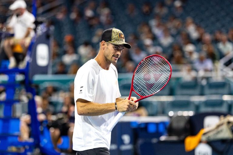 Tommy Paul of the United States reacts during his match against Arthur Fils of France in the quarter finals of the men’s singles at the Miami Open at Hard Rock Stadium.