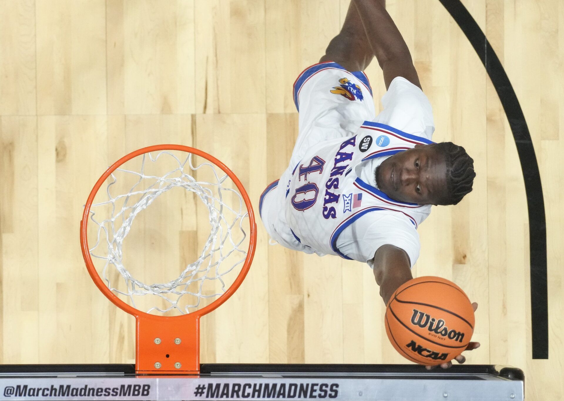 Kansas Jayhawks forward Flory Bidunga (40) shoots the ball against the California Baptist Lancers during a first round game of the men's 2026 NCAA Tournament at Viejas Arena.