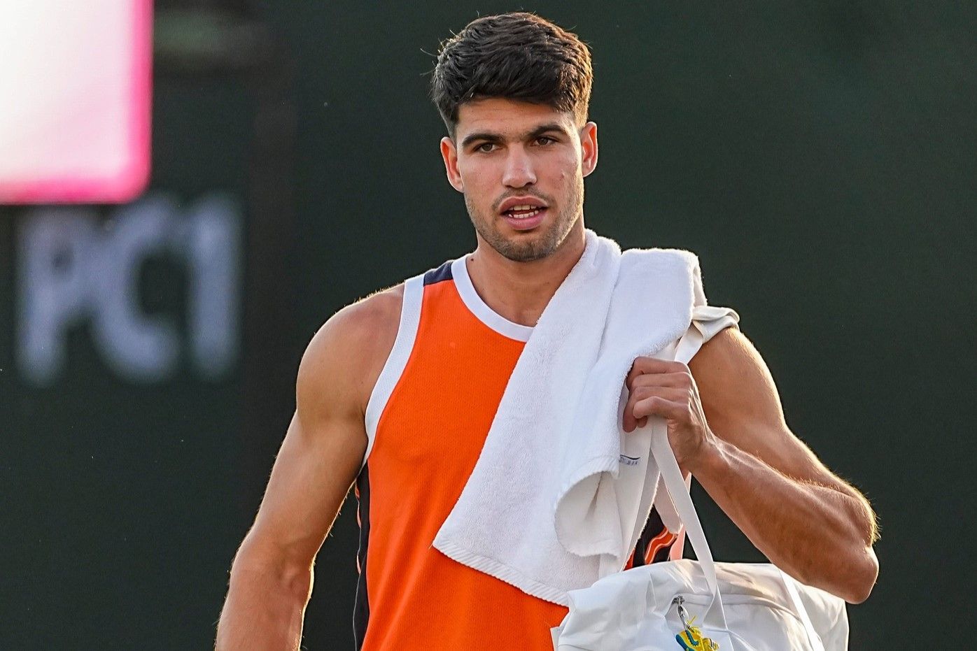 Carlos Alcaraz arrives on the practice courts during the BNP Paribas Open in Indian Wells, Calif., Wednesday, March 4, 2026.