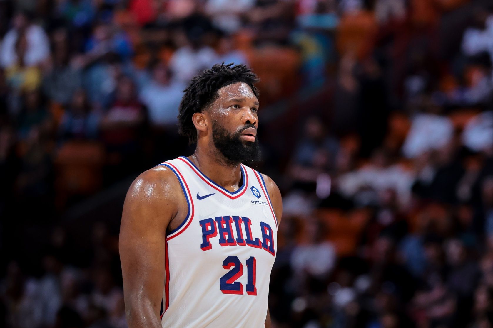 Philadelphia 76ers center Joel Embiid (21) looks on against the Miami Heat during the first quarter at Kaseya Center.