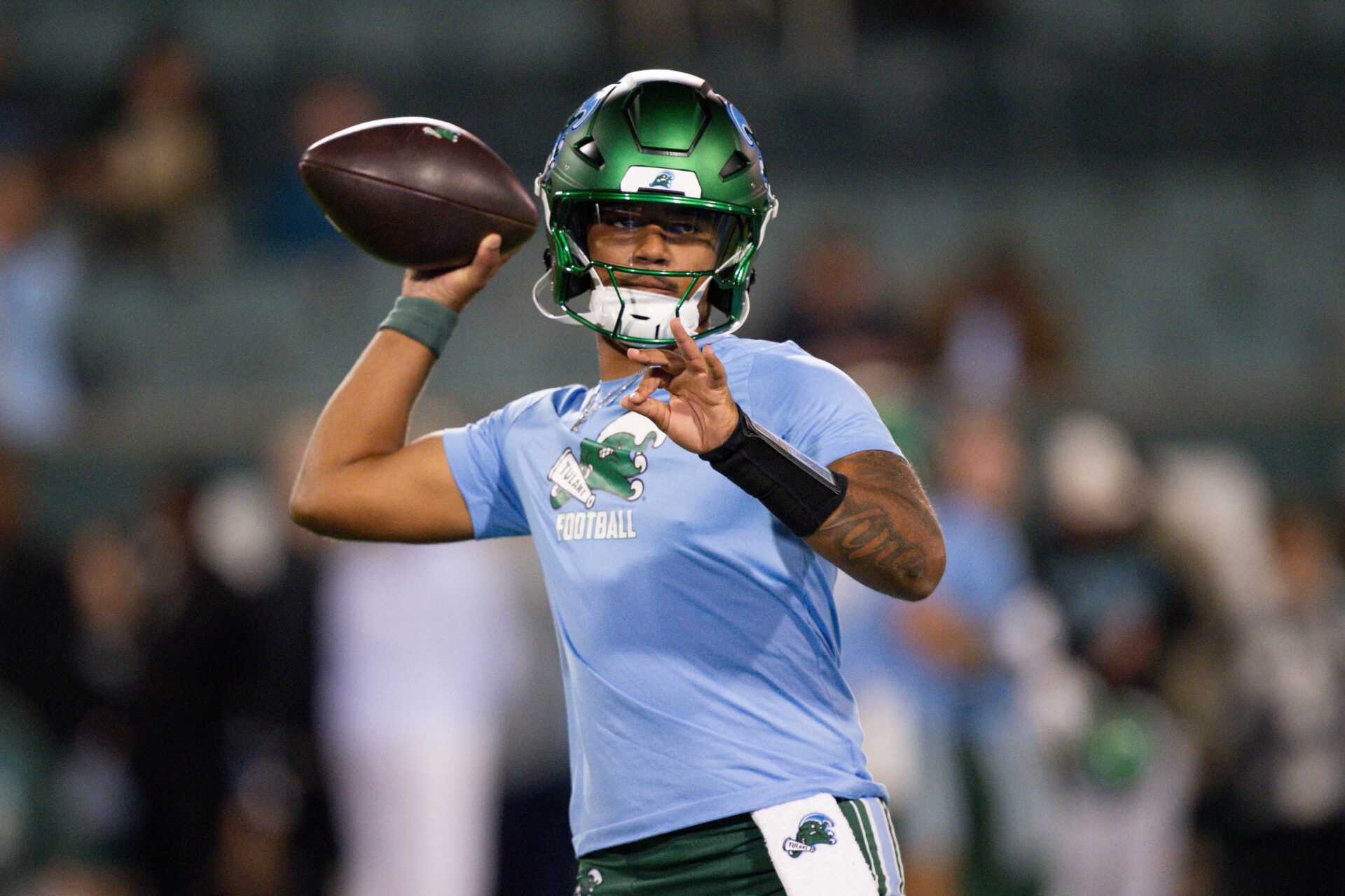 Tulane Green Wave quarterback Ty Thompson (7) throws before a game against the Memphis Tigers at Yulman Stadium.