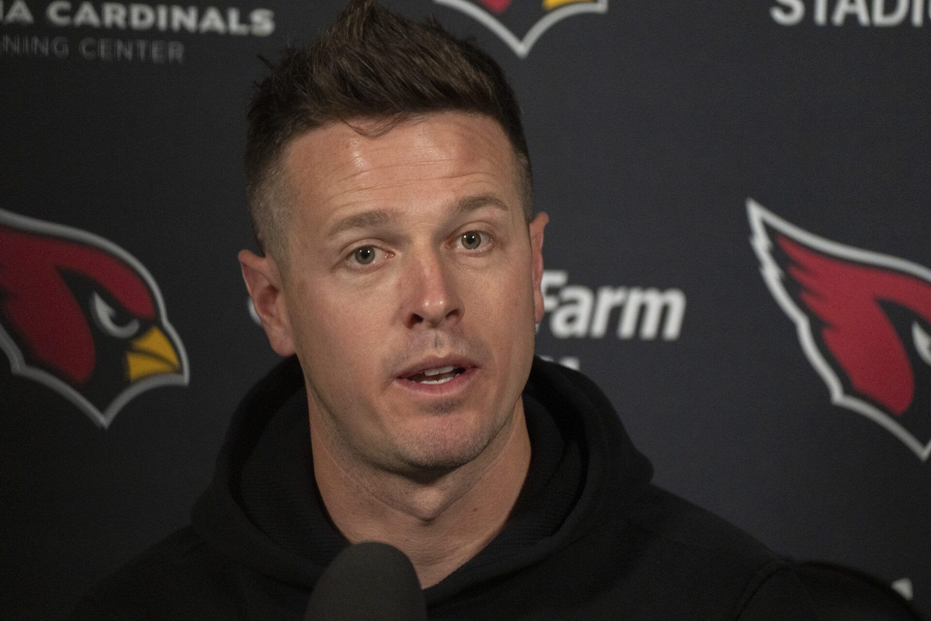 Mike LaFleur (head coach) answers questions during a news conference at the Arizona Cardinals training facility in Tempe on Feb. 18, 2026.