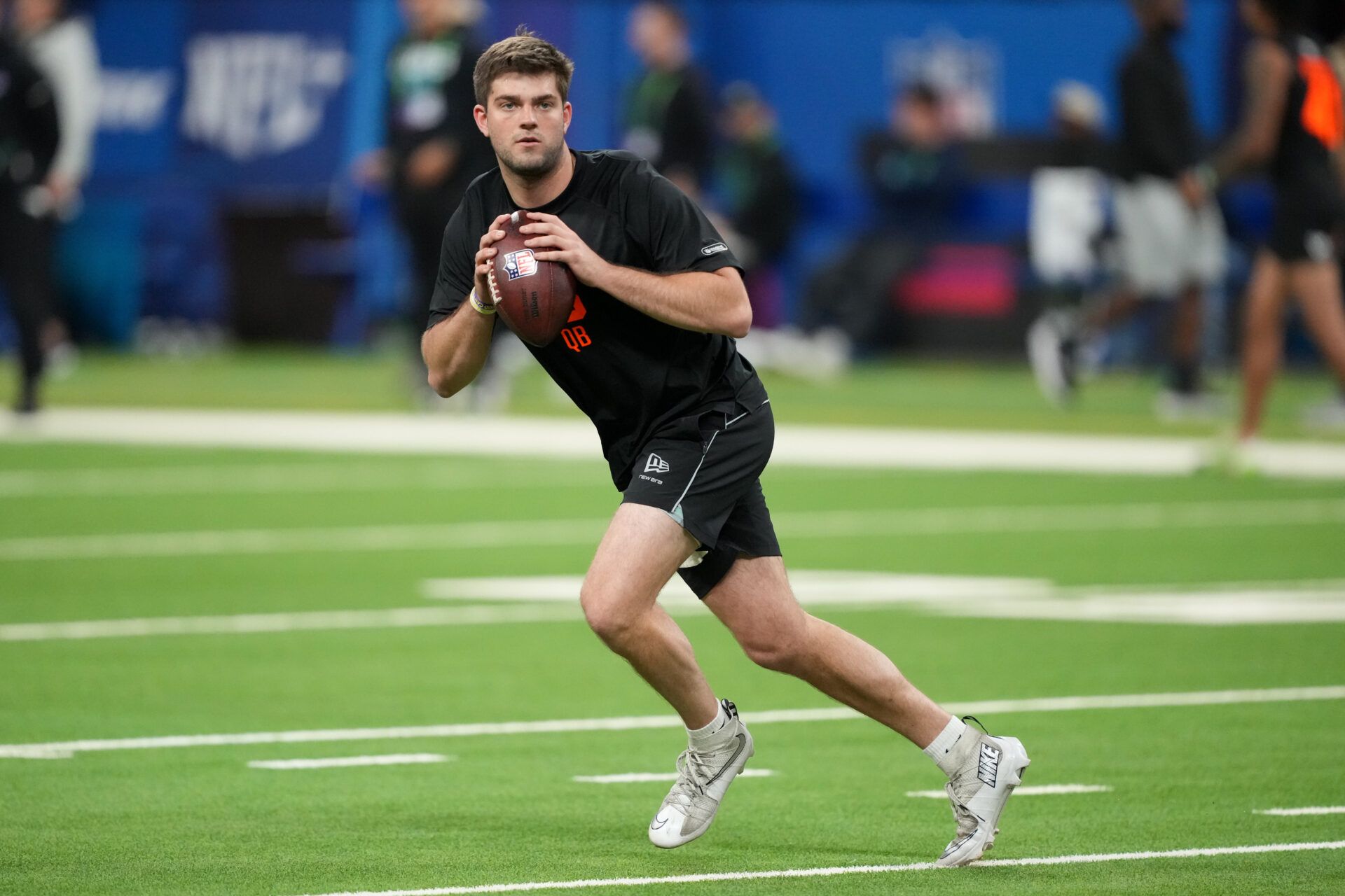 LSU quarterback Garrett Nussmeier (QB13) during the NFL Scouting Combine at Lucas Oil Stadium.