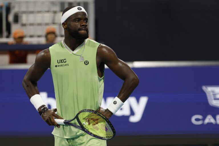 Frances Tiafoe (USA) reacts after losing a point against Terence Atmane (FRA) (not pictured) on day eight of the 2026 Miami Open at Hard Rock Stadium.
