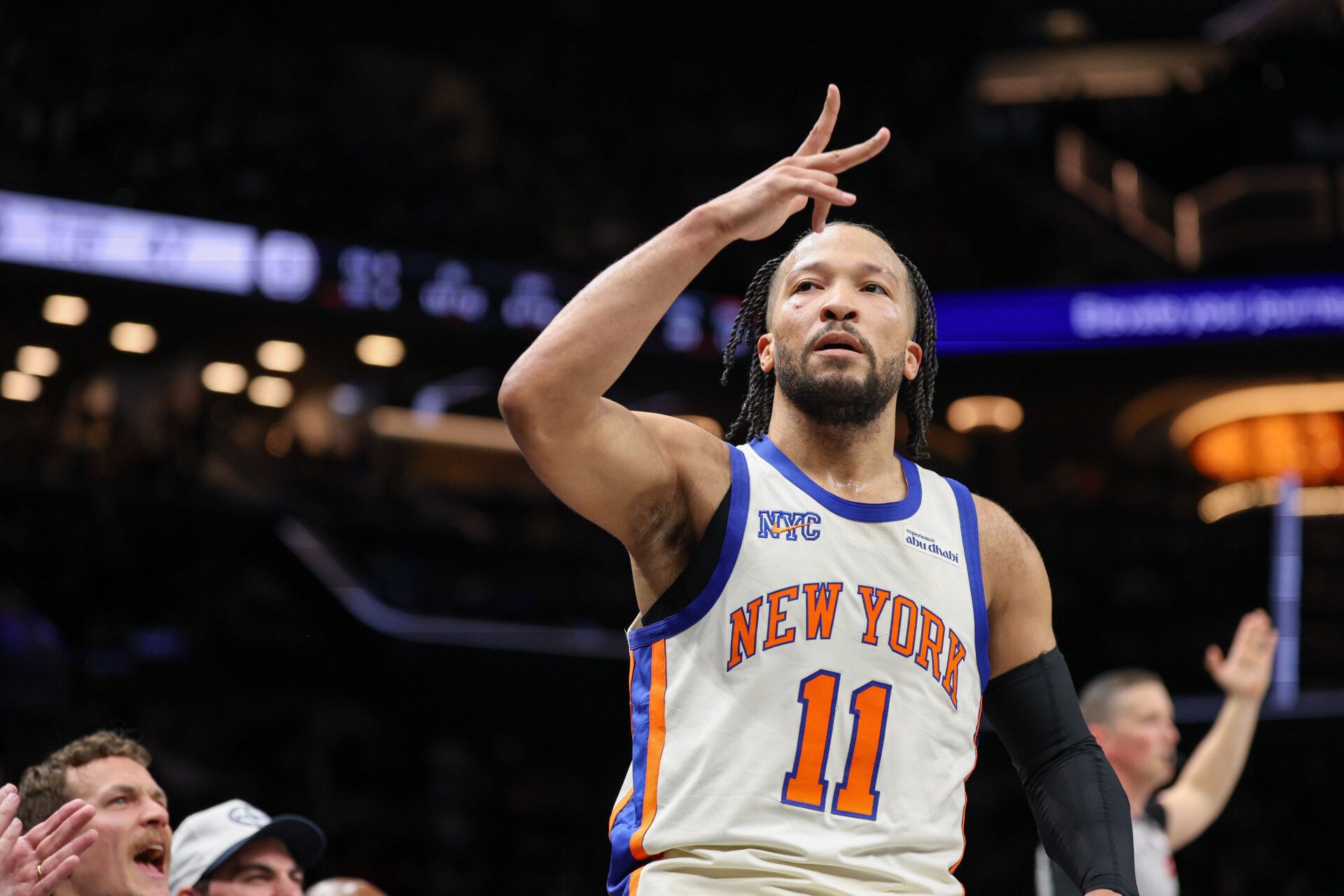 New York Knicks guard Jalen Brunson (11) reacts after making a three point basket during the first half against the Brooklyn Nets at Barclays Center.