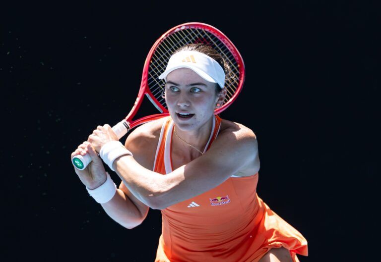 Iva Jovic of United States in action against Yulia Putintseva of Kazakhstan in the fourth round of the womens singles at the Australian Open at John Cain Arena in Melbourne Park.