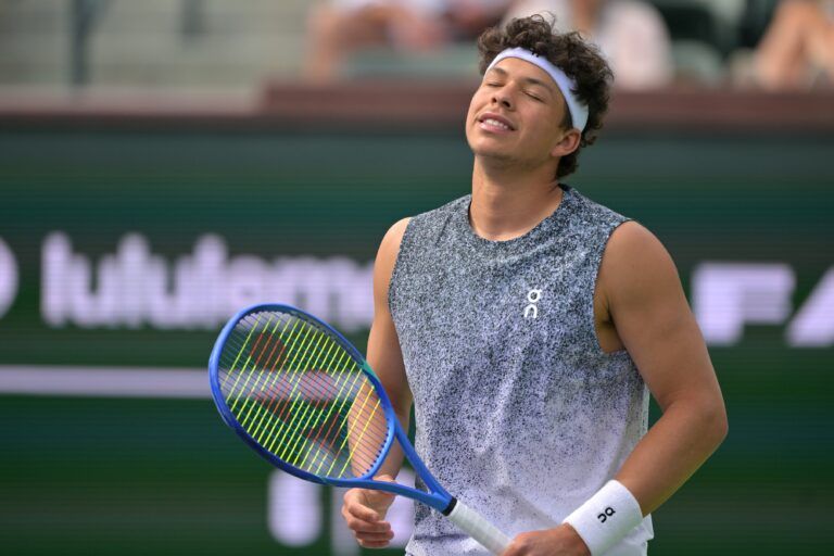 Ben Shelton (USA) during his second round match against Reilly Opelka (USA) in the BNP Paribas Open at the Indian Wells Tennis Garden.