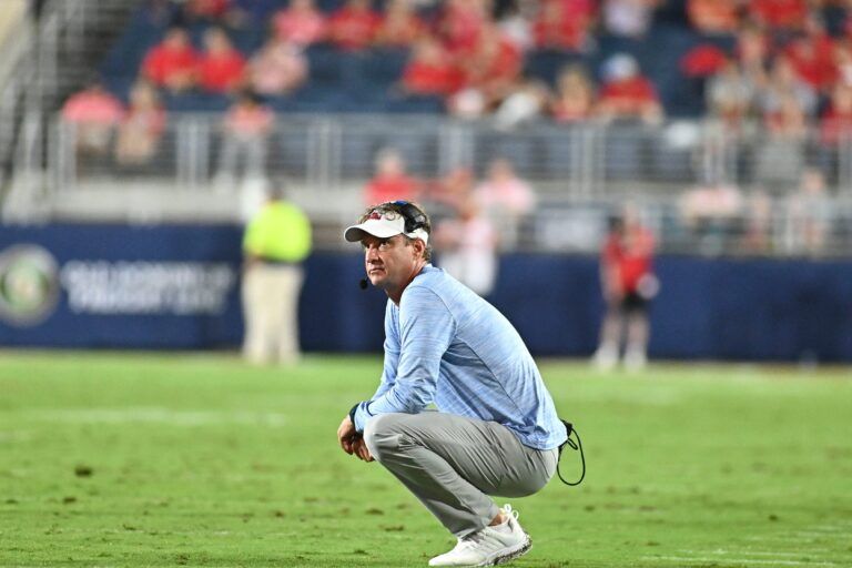Ole Miss head coach Lane Kiffin looks at the scoreboard during a timeout against the Central Arkansas Bears during the second quarter at Vaught-Hemingway Stadium in Oxford, Miss., on Sept 10, 2022.