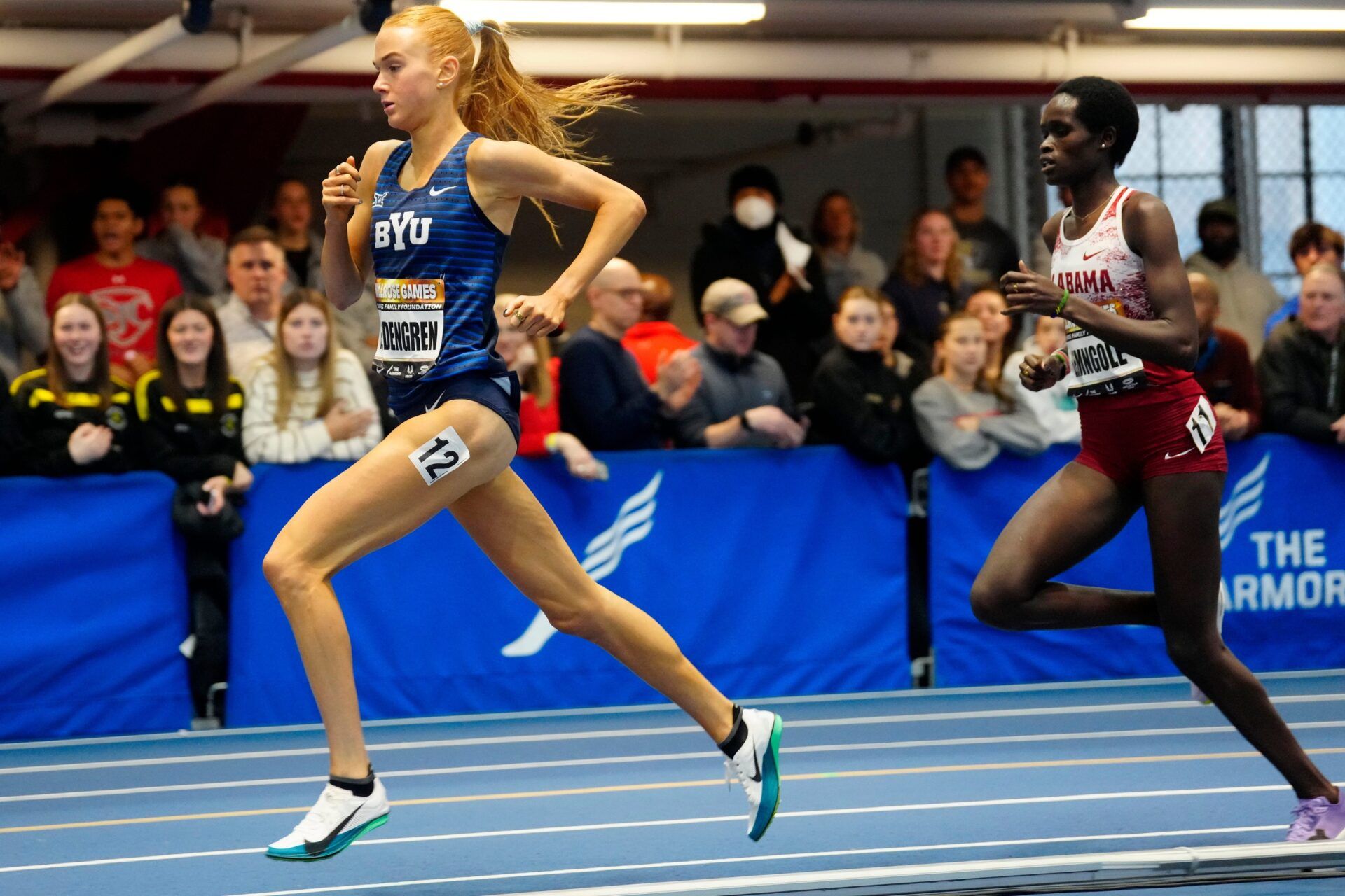 Jane Hedengren, of USA, leds, Doris Lemngole, of Kenya, during the women's 3,000 meters, Sunday, February 1, 2026, at The Armory, during the Millrose Games. Lemngole would come back later in the race, to win with a time 8:31.