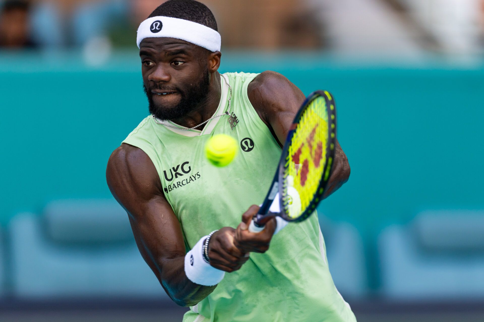 Frances Tiafoe of the United States swings a racket during his match against Jannik Sinner of Italy in the quarter finals of the menÕs singles at the Miami Open at Hard Rock Stadium.