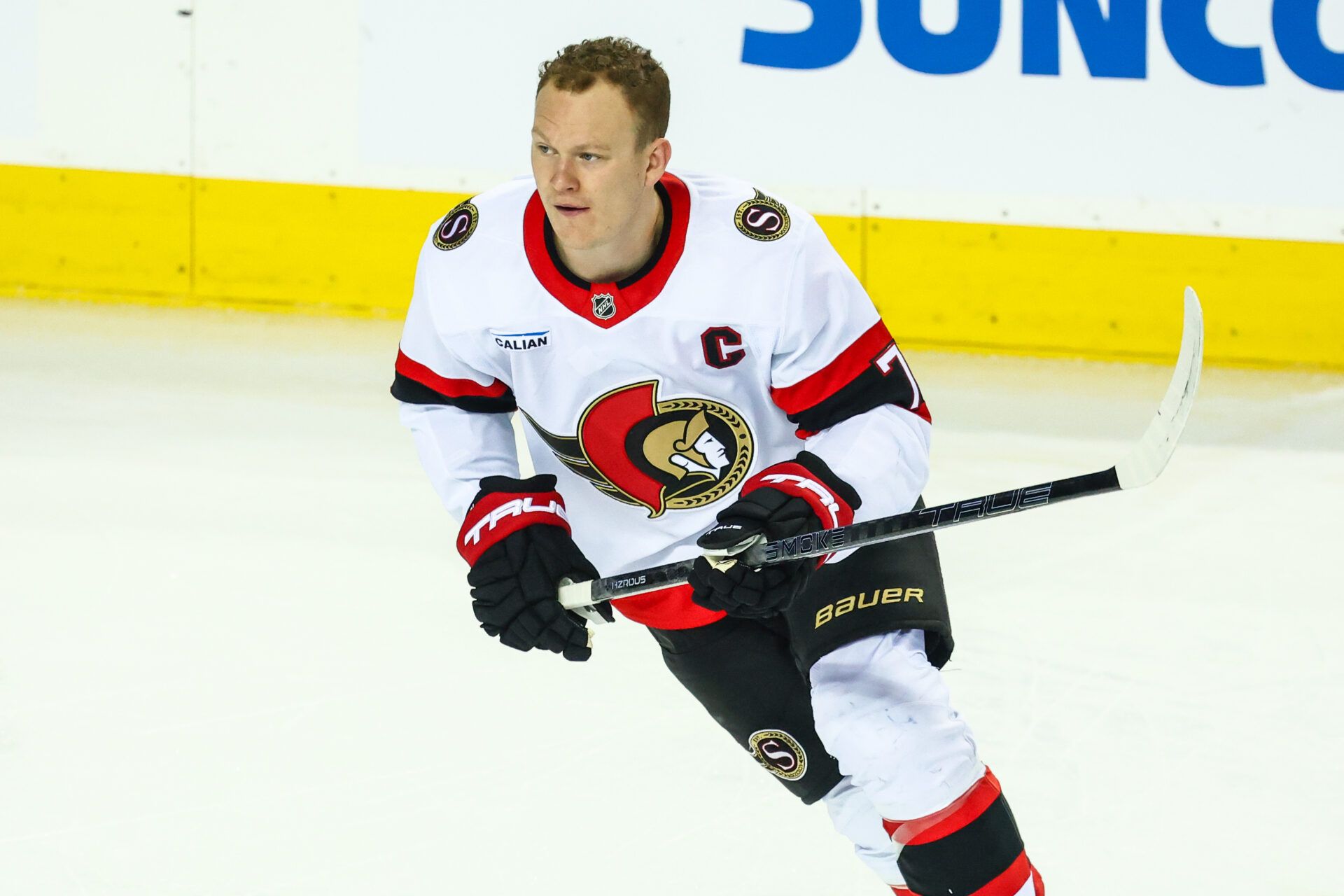 Ottawa Senators left wing Brady Tkachuk (7) skates during the warmup period against the Calgary Flames at Scotiabank Saddledome.