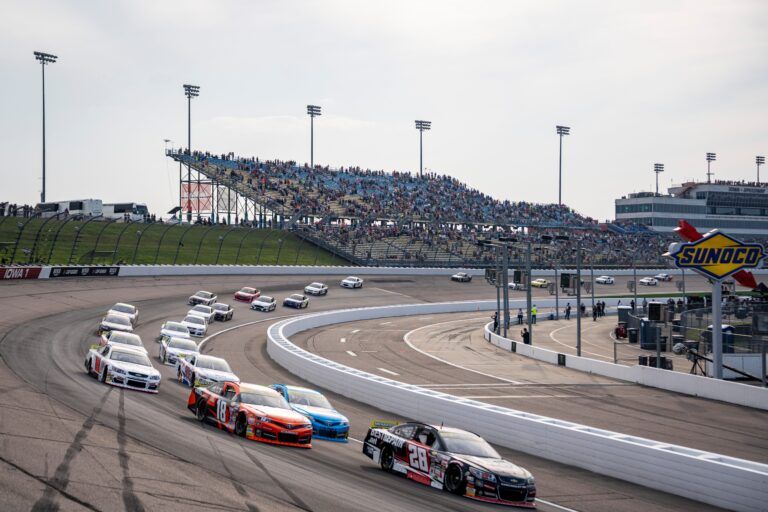 Brenden Queen (28) leads the field during the ARCA Menards Series Atlas Roofing 150 on Aug. 1, 2025, at Iowa Speedway in Newton, Iowa. Queen (28) finished first.