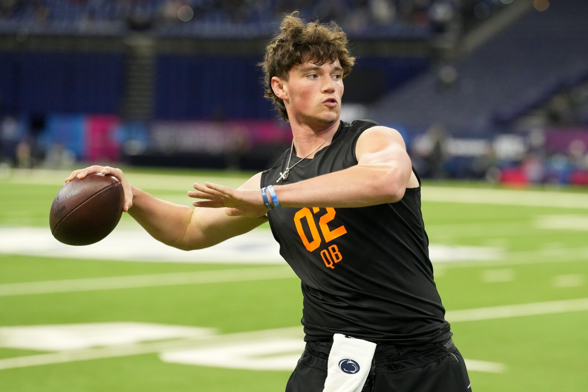 Penn State quarterback Drew Allar (QB02) during the NFL Scouting Combine at Lucas Oil Stadium.