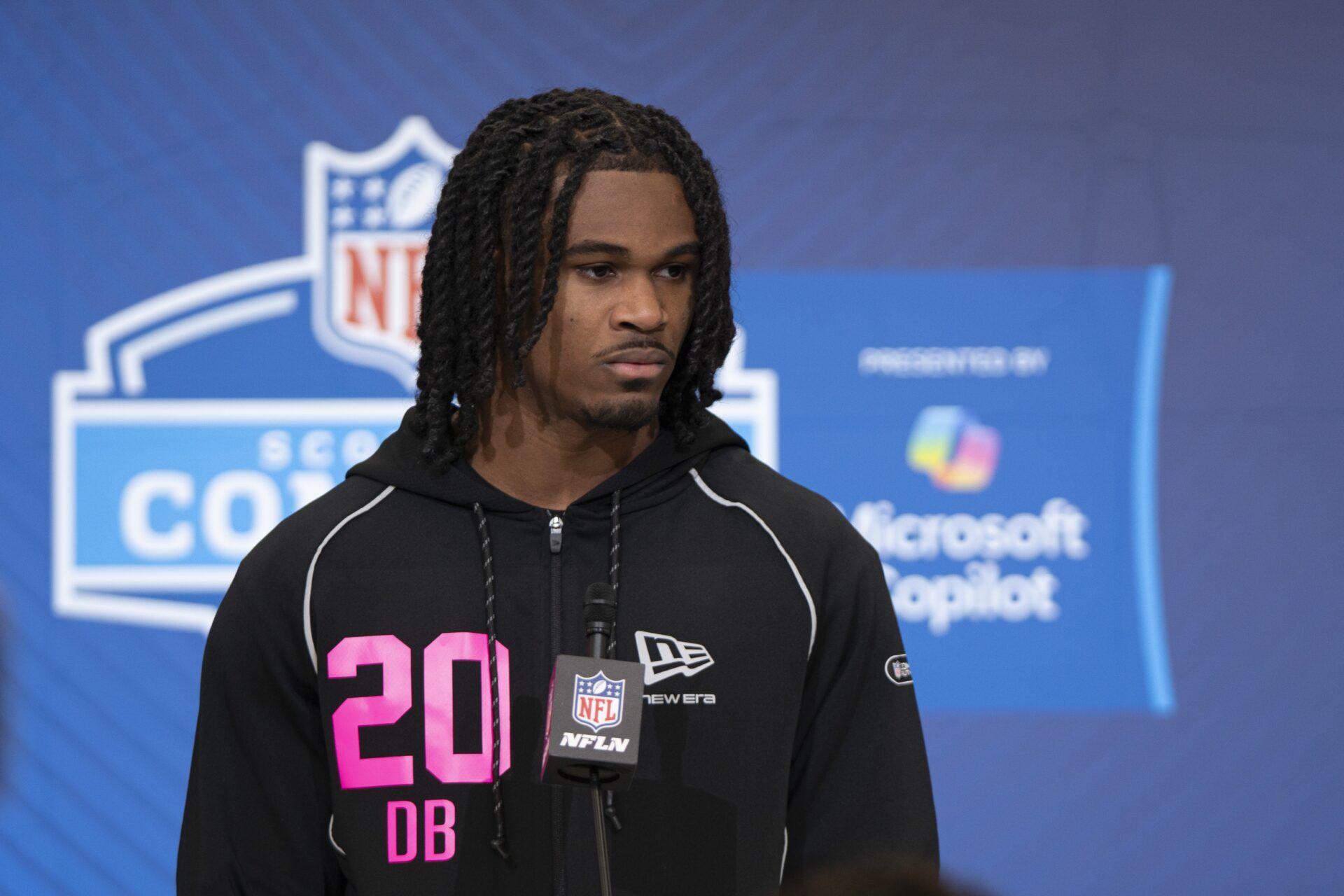 Tennessee defensive back Jermod McCoy (DB20) speaks to media members during the NFL Combine at the Indiana Convention Center.