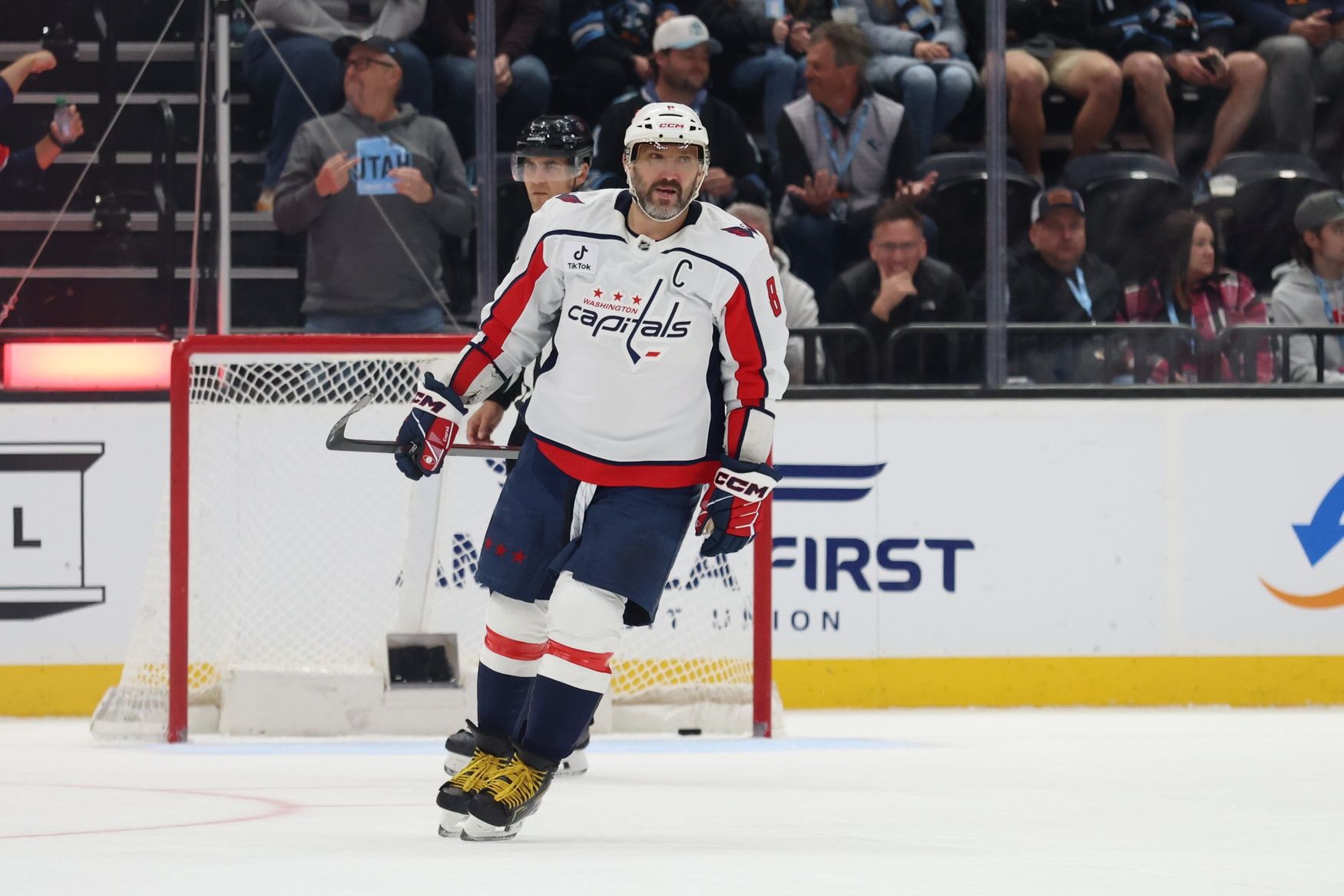 Washington Capitals left wing Alex Ovechkin (8) scores an open net goal to complete a hat trick (three goals) during the third period of a game against the Utah Mammoth at Delta Center.